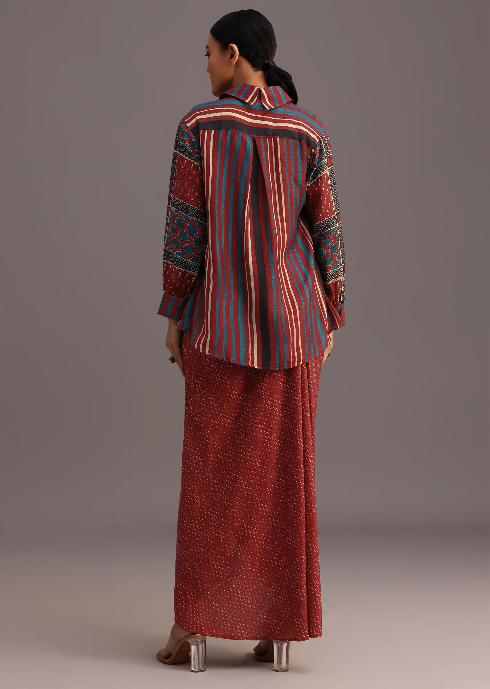 Red Ajrakh Printed Shirt And Croptop With Draped Skirt - Image 5