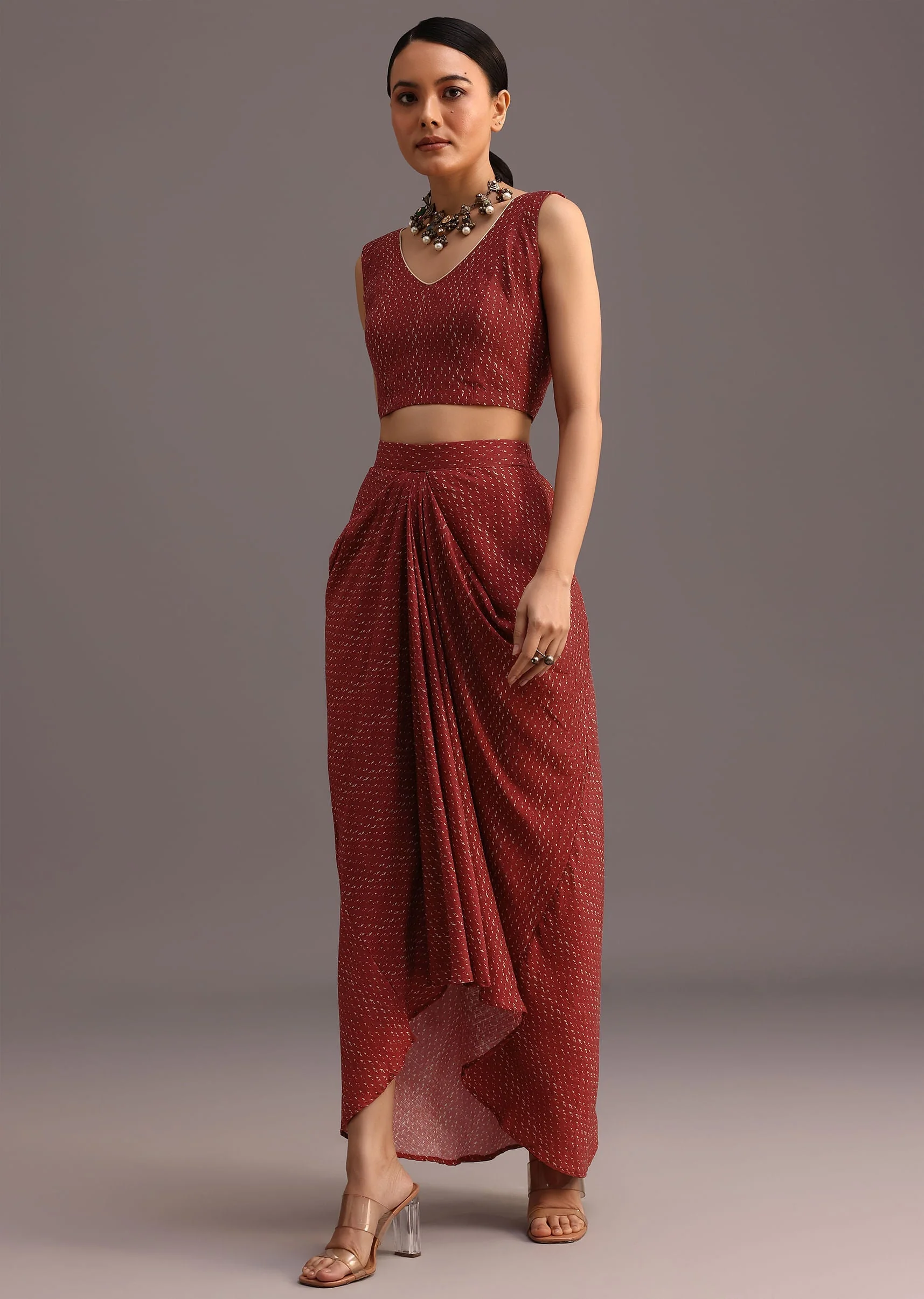 Red Ajrakh Printed Shirt And Croptop With Draped Skirt - Image 6