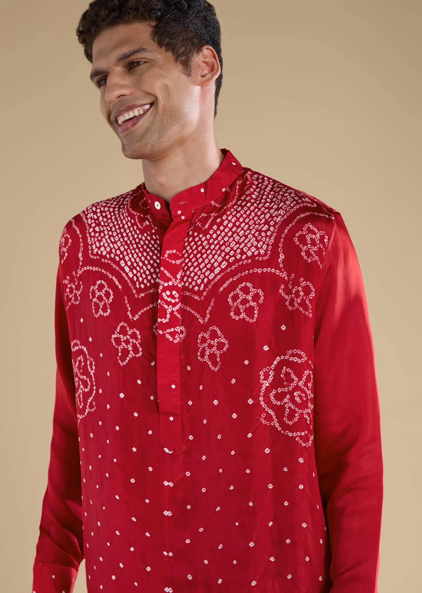 Red Pure Bandhani Silk Mens Straight Kurta Pant Set - Image 2