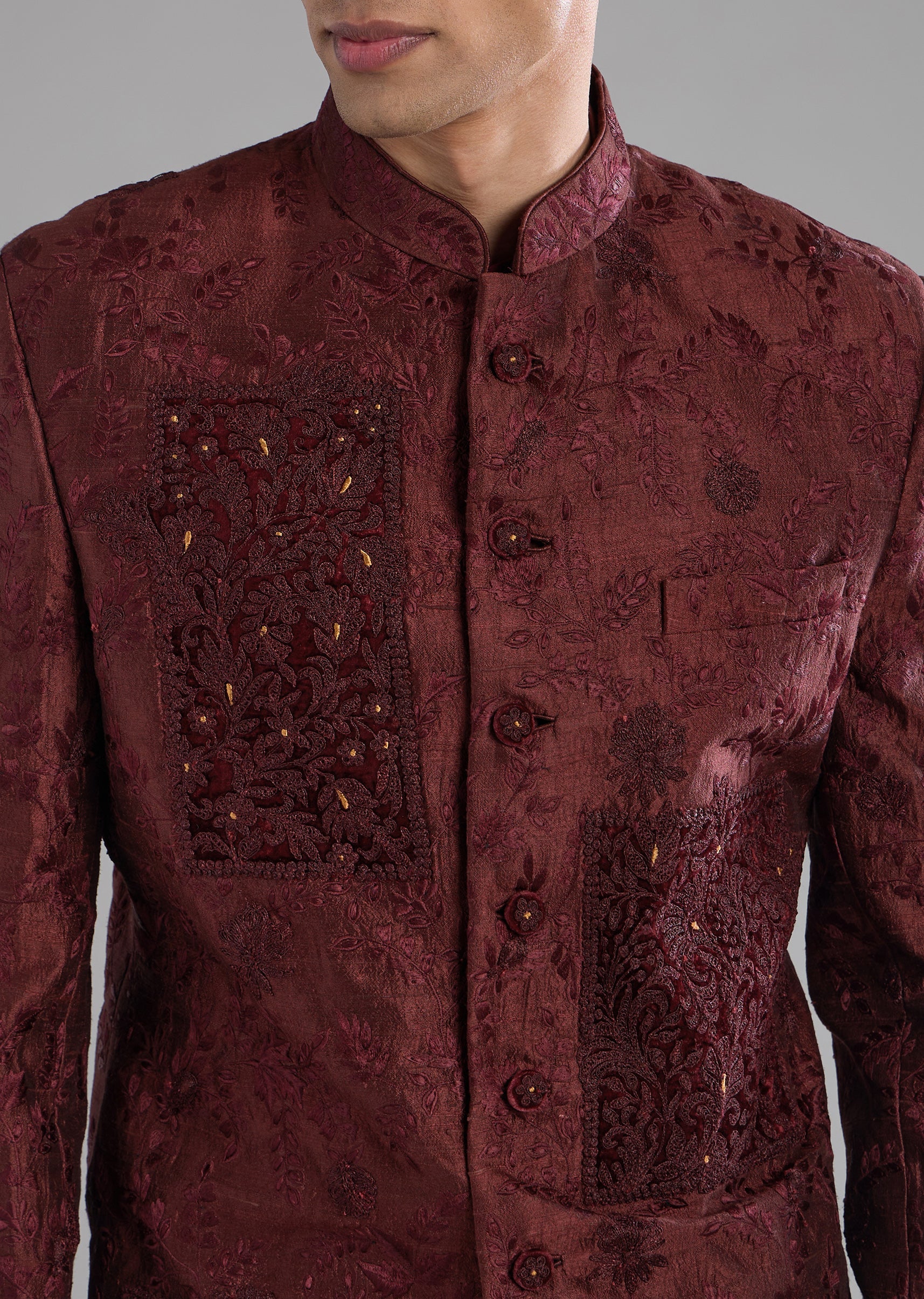 Red Raw Silk Embroidered Indowestern Kurta Set - Image 2