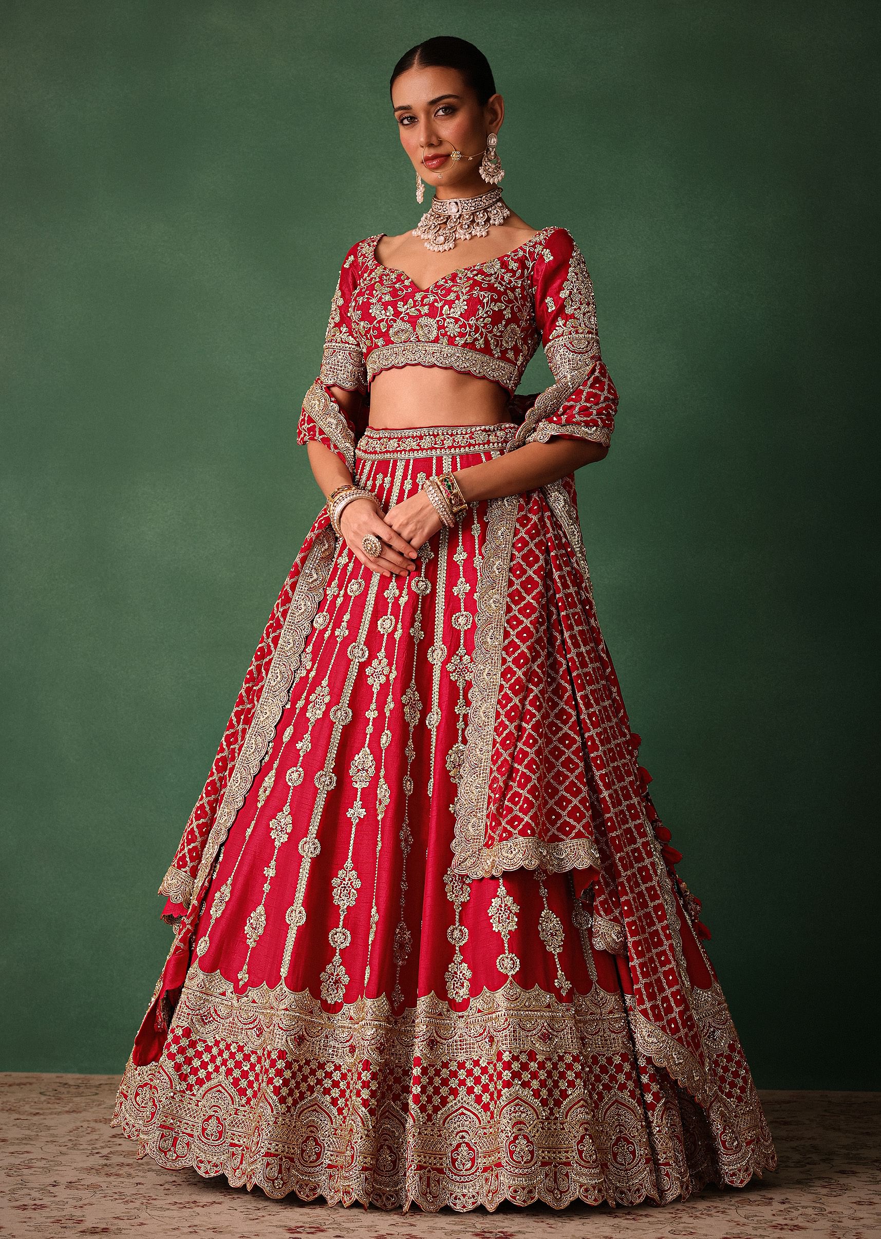 Red Raw Silk Hand Embroidered Lehenga With Net Dupatta - Image 3
