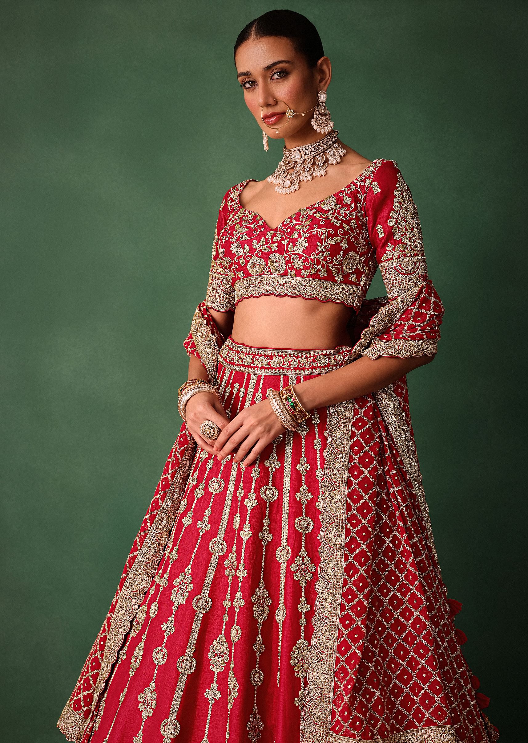 Red Raw Silk Hand Embroidered Lehenga With Net Dupatta - Image 4