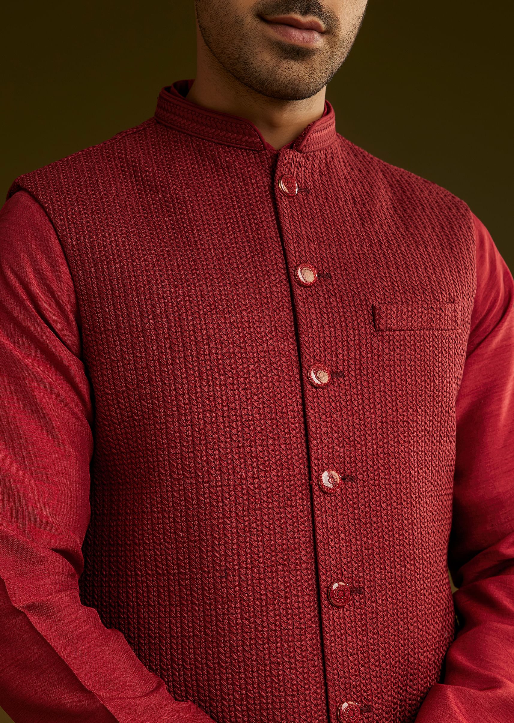 Red Rayon Kurta Jacket Set - Image 2