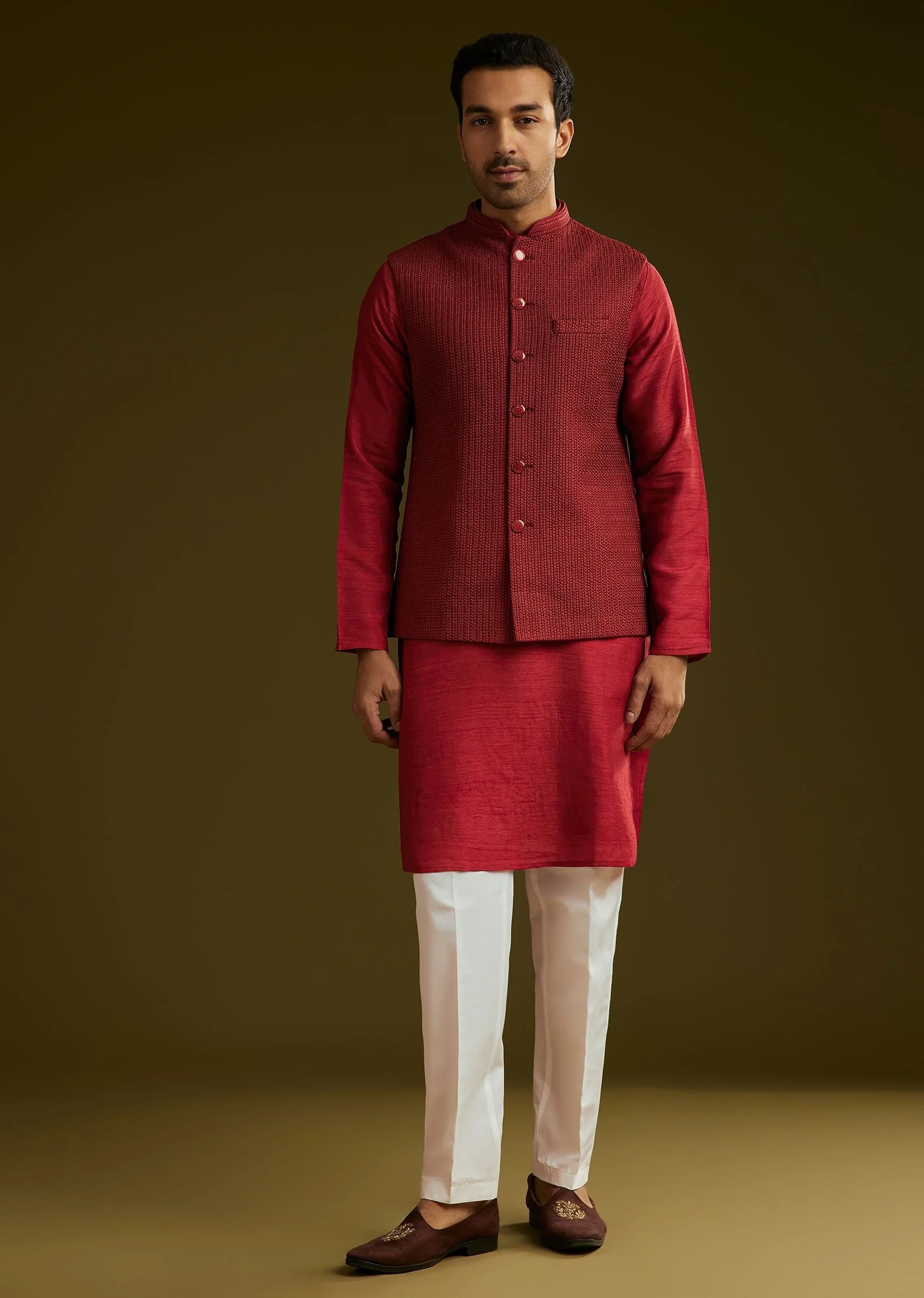 Red Rayon Kurta Jacket Set - Image 3