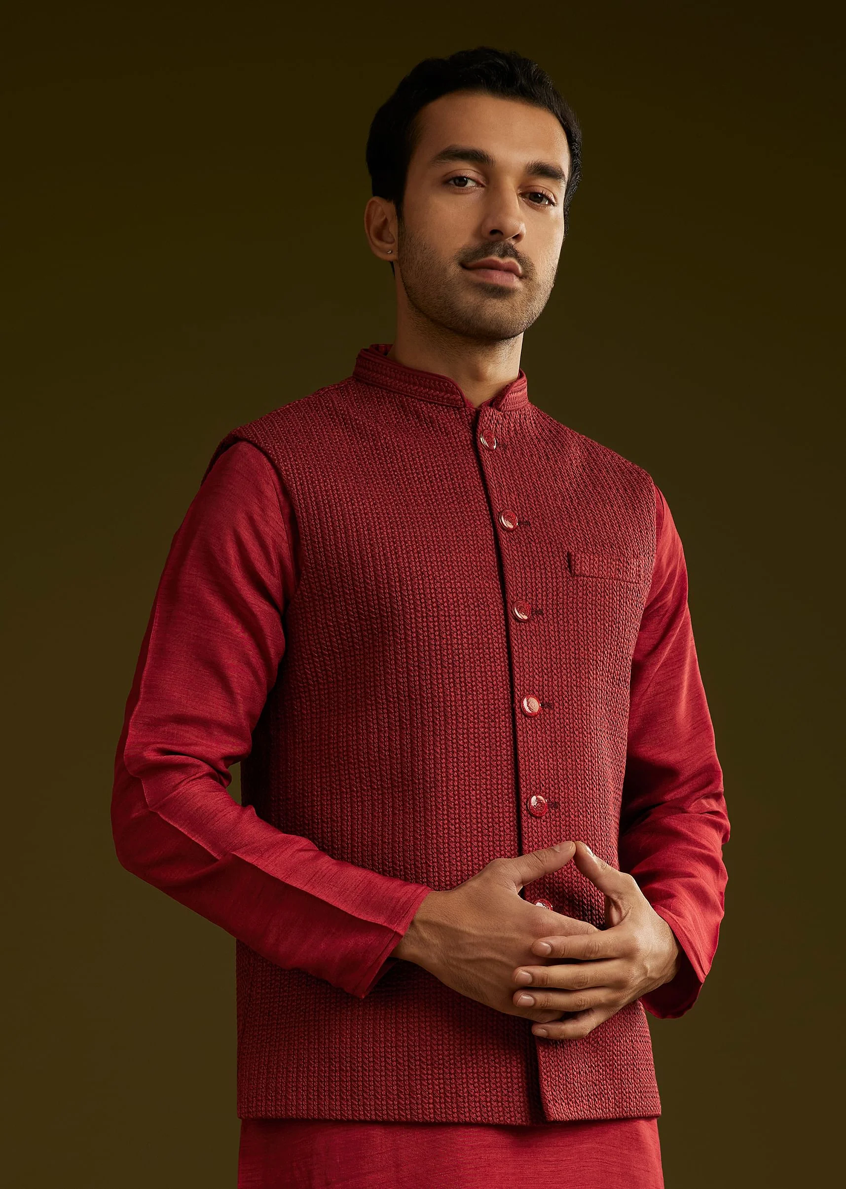 Red Rayon Kurta Jacket Set - Image 4