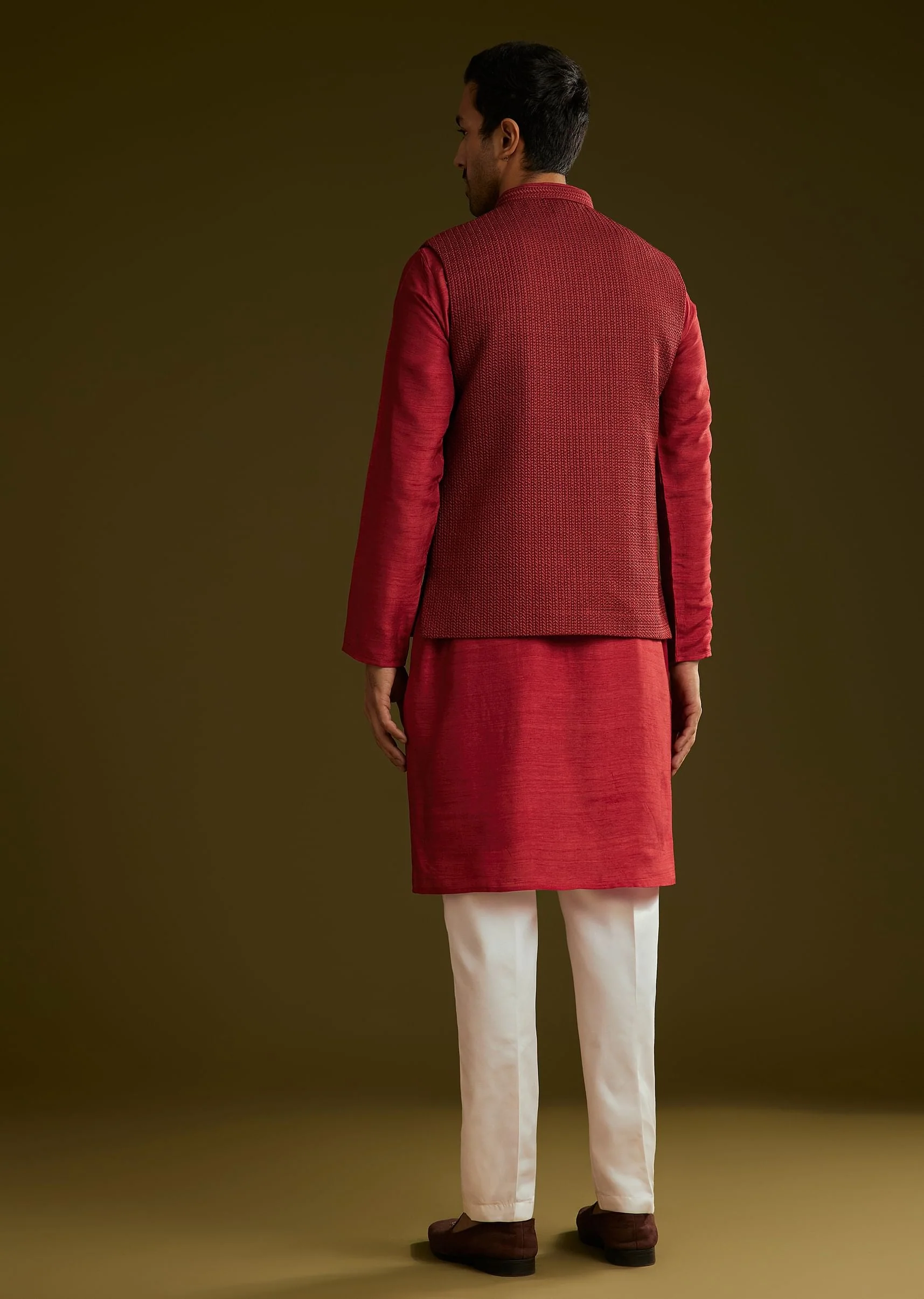 Red Rayon Kurta Jacket Set - Image 5