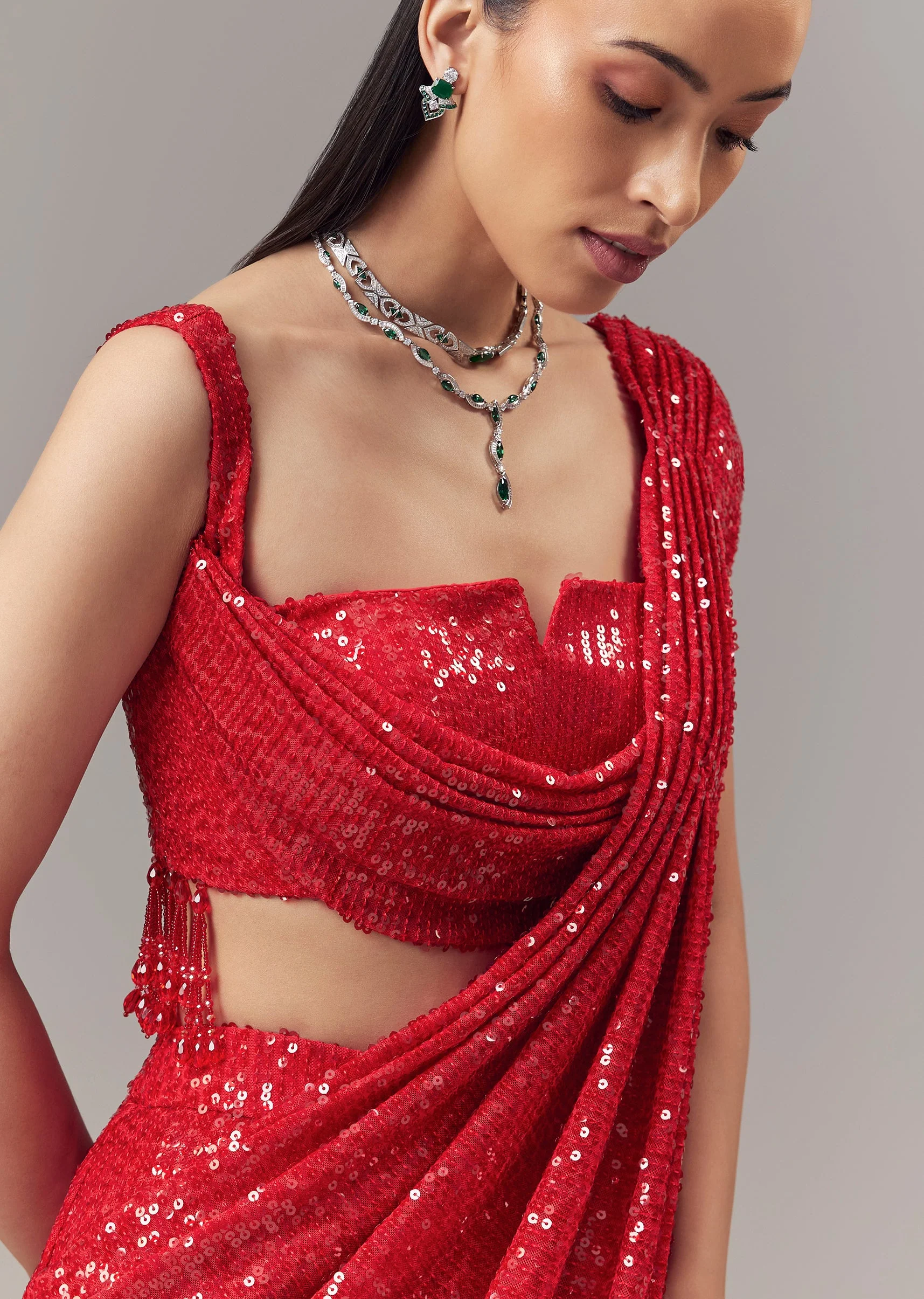 Red Ready Pleated Indo Western Shimmer Saree With Cowl Neckline Blouse - Image 2
