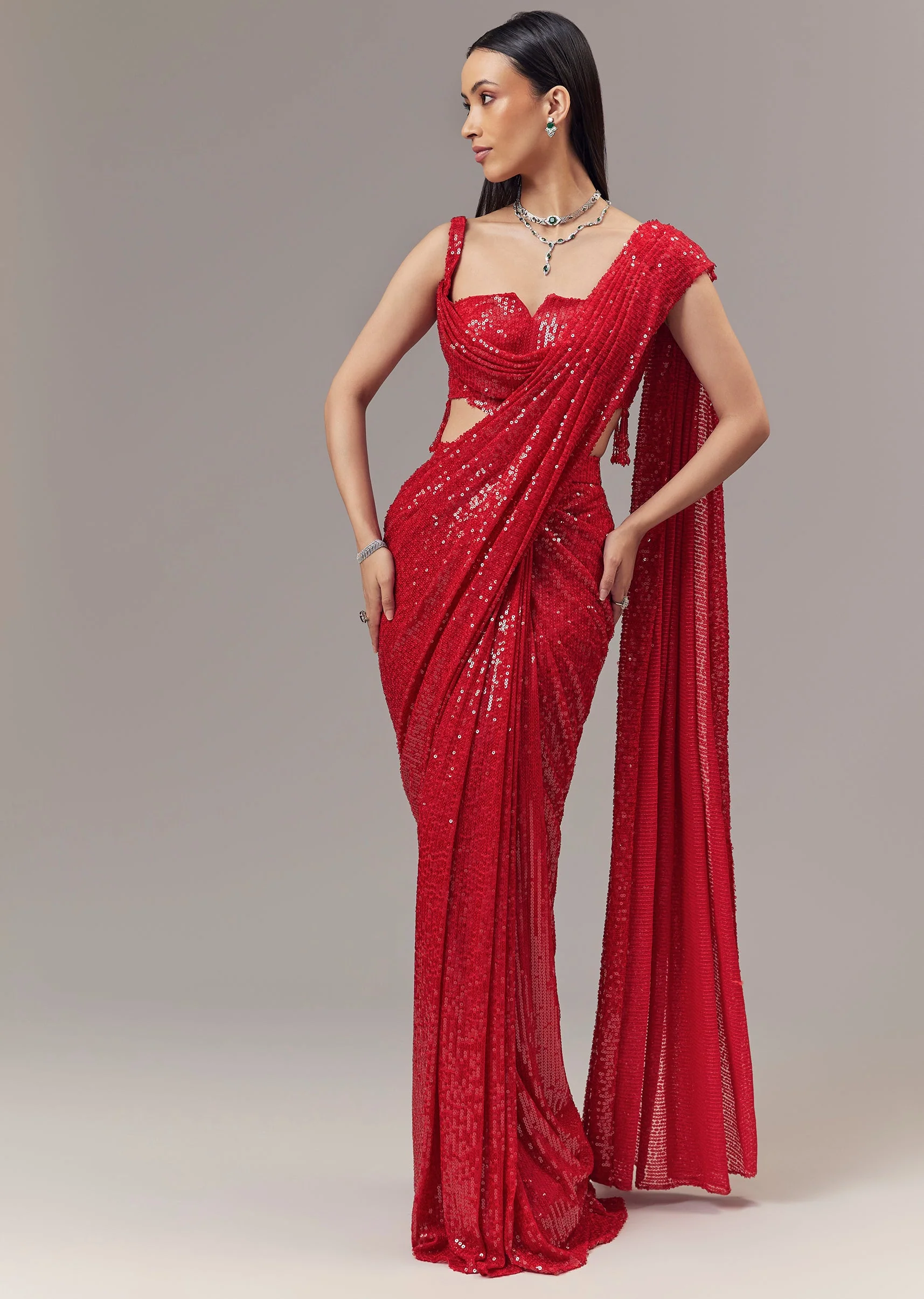 Red Ready Pleated Indo Western Shimmer Saree With Cowl Neckline Blouse - Image 3