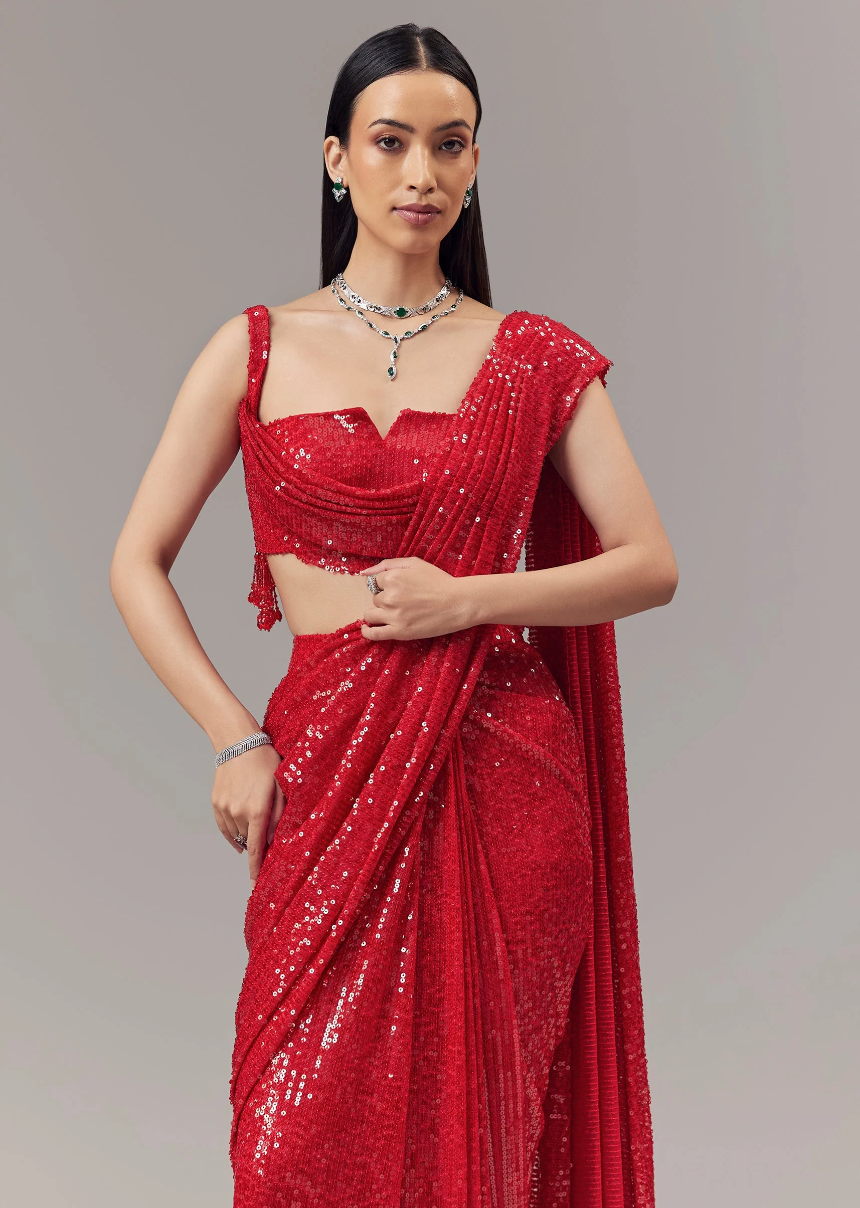 Red Ready Pleated Indo Western Shimmer Saree With Cowl Neckline Blouse - Image 4