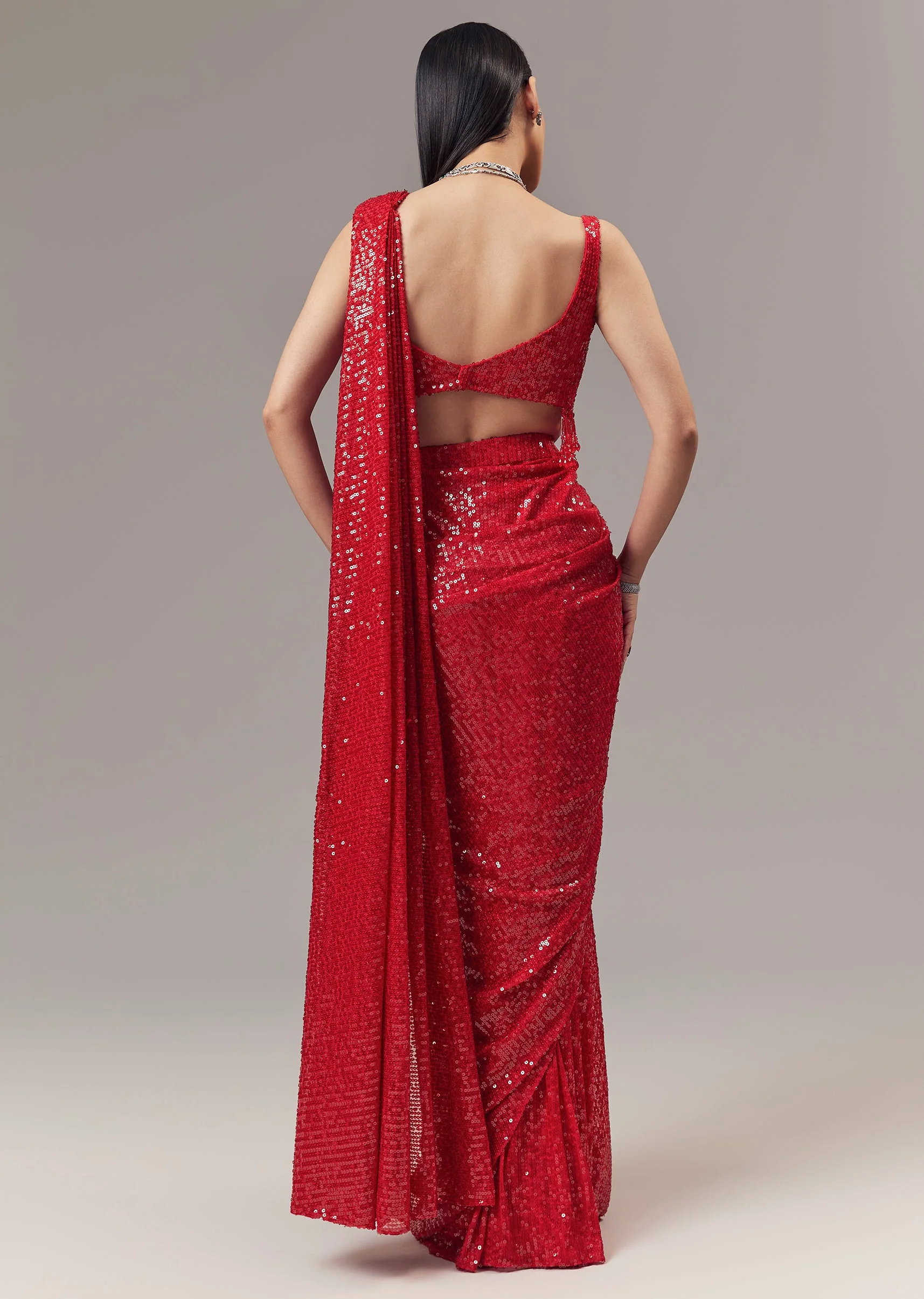 Red Ready Pleated Indo Western Shimmer Saree With Cowl Neckline Blouse - Image 5