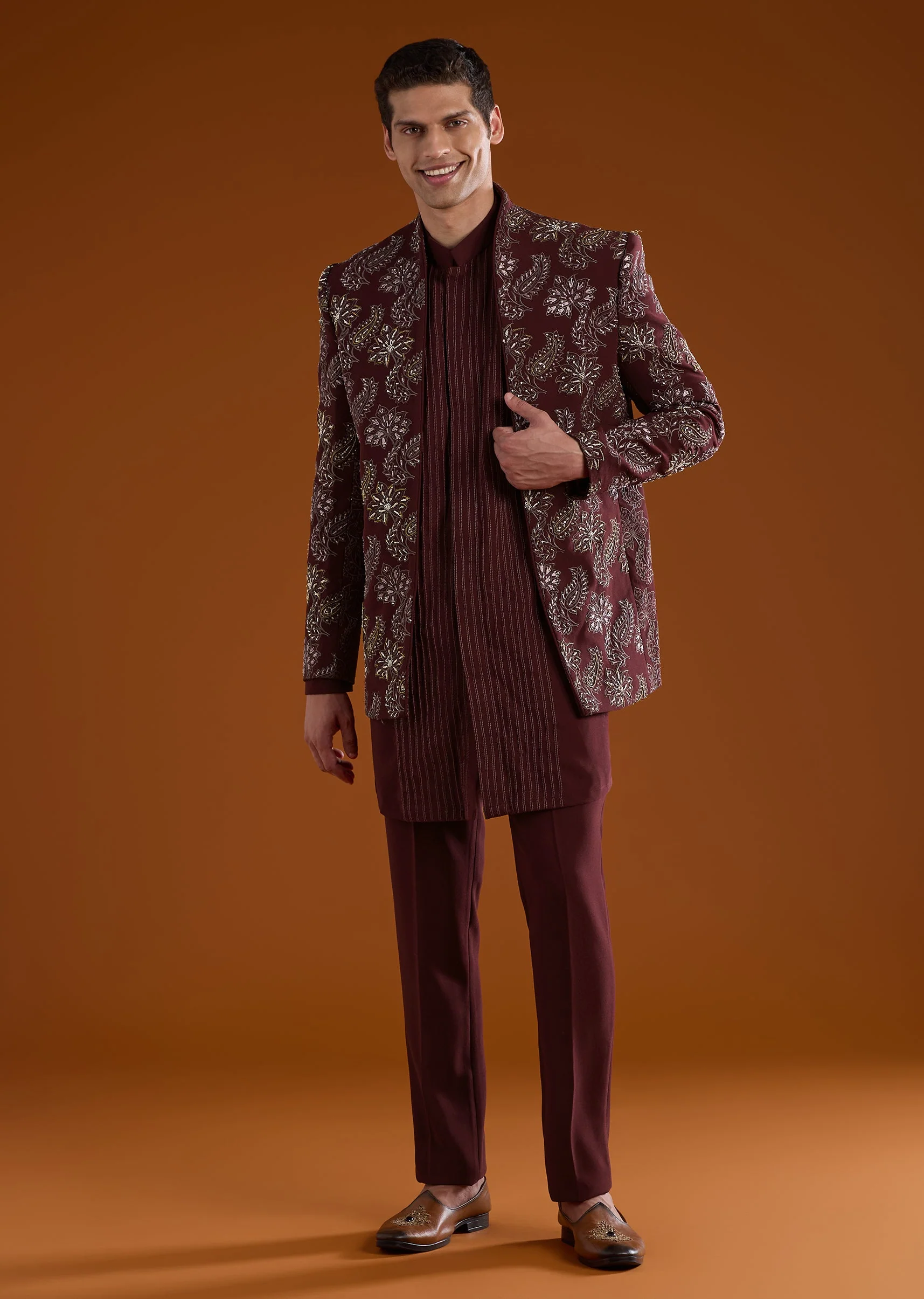 Red Resham Embroidered Jodhpuri Kurta Set