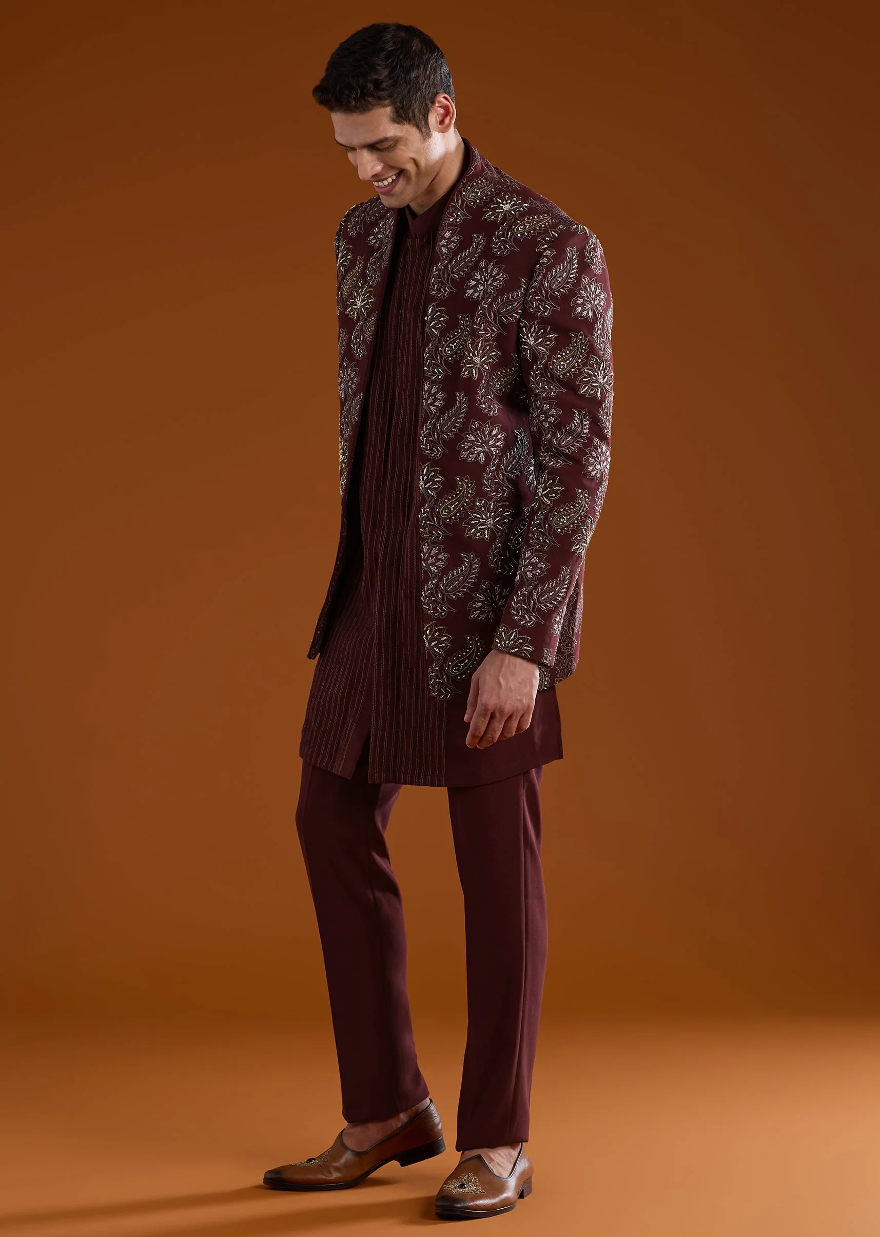 Red Resham Embroidered Jodhpuri Kurta Set - Image 3