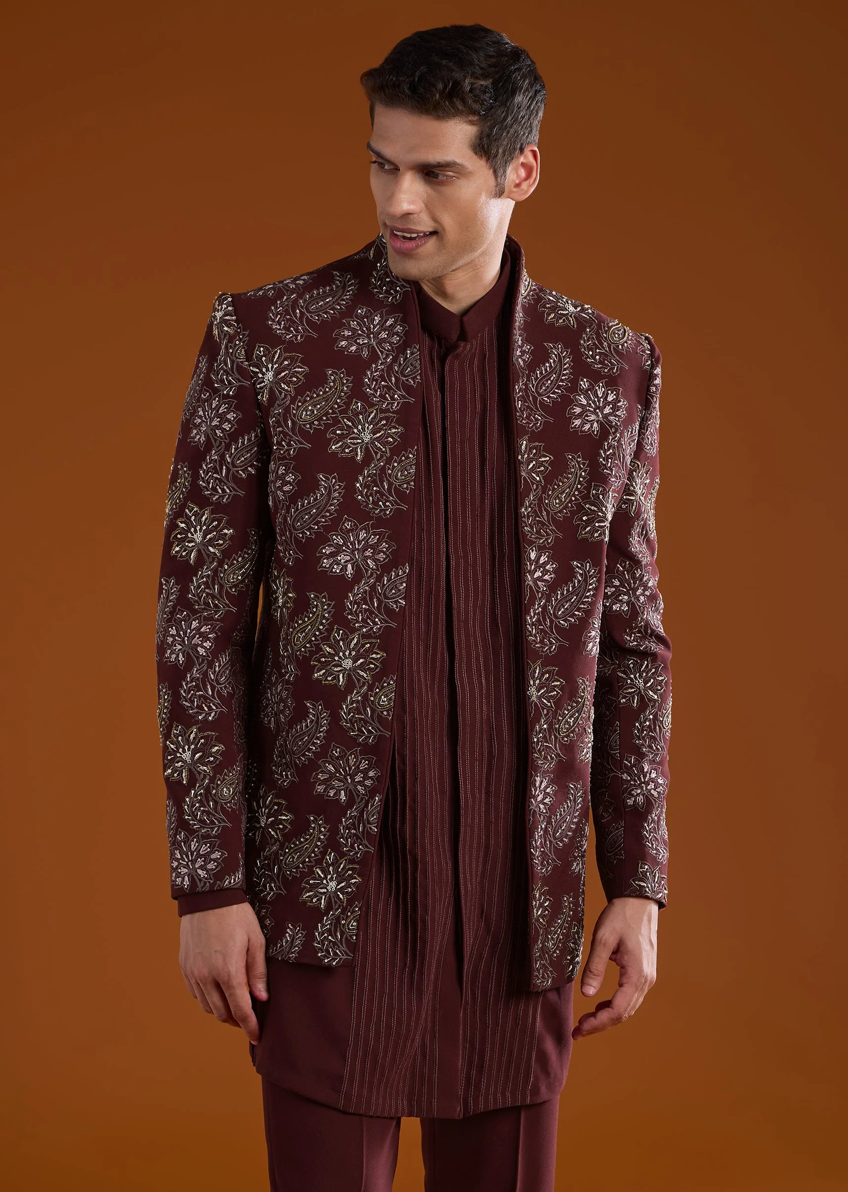 Red Resham Embroidered Jodhpuri Kurta Set - Image 4