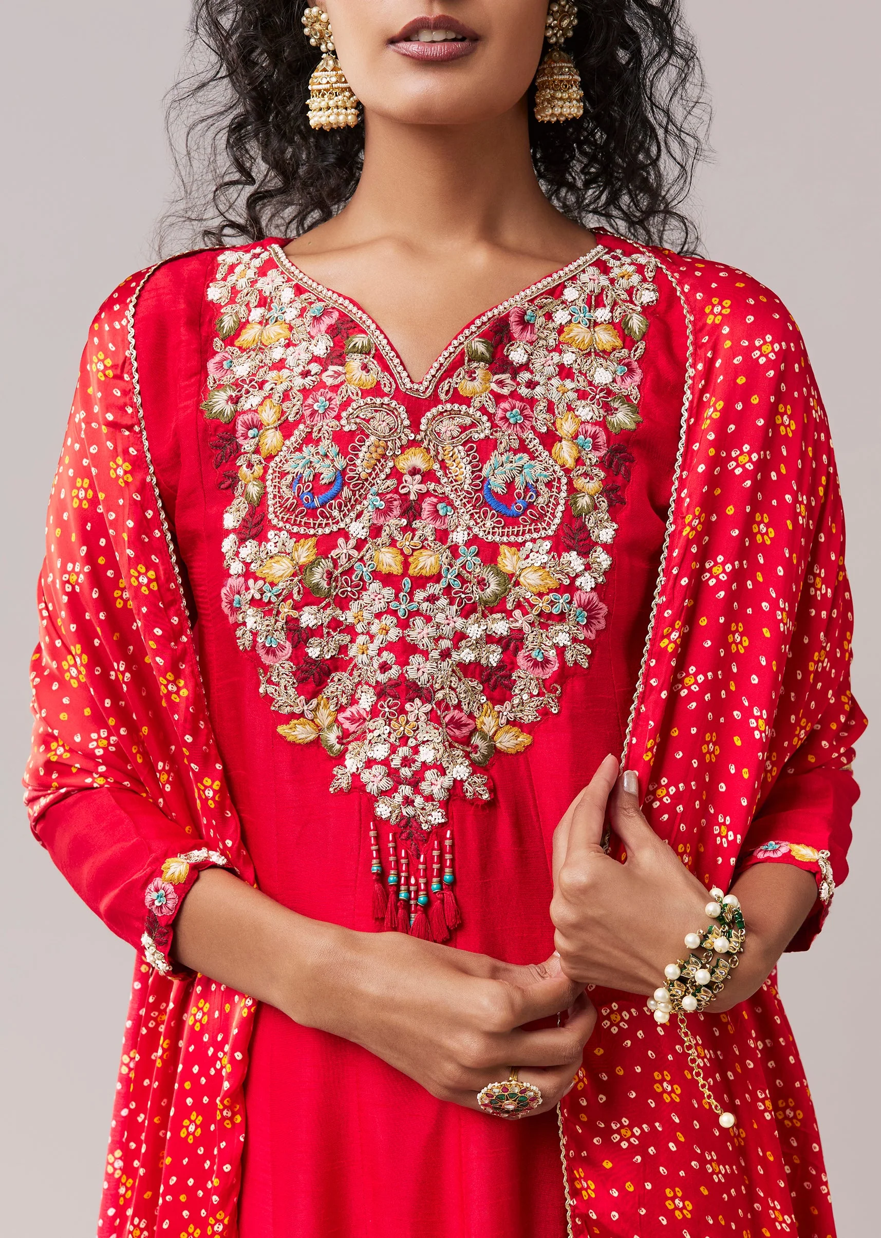 Red Resham Work Silk Anarkali Set - Image 2