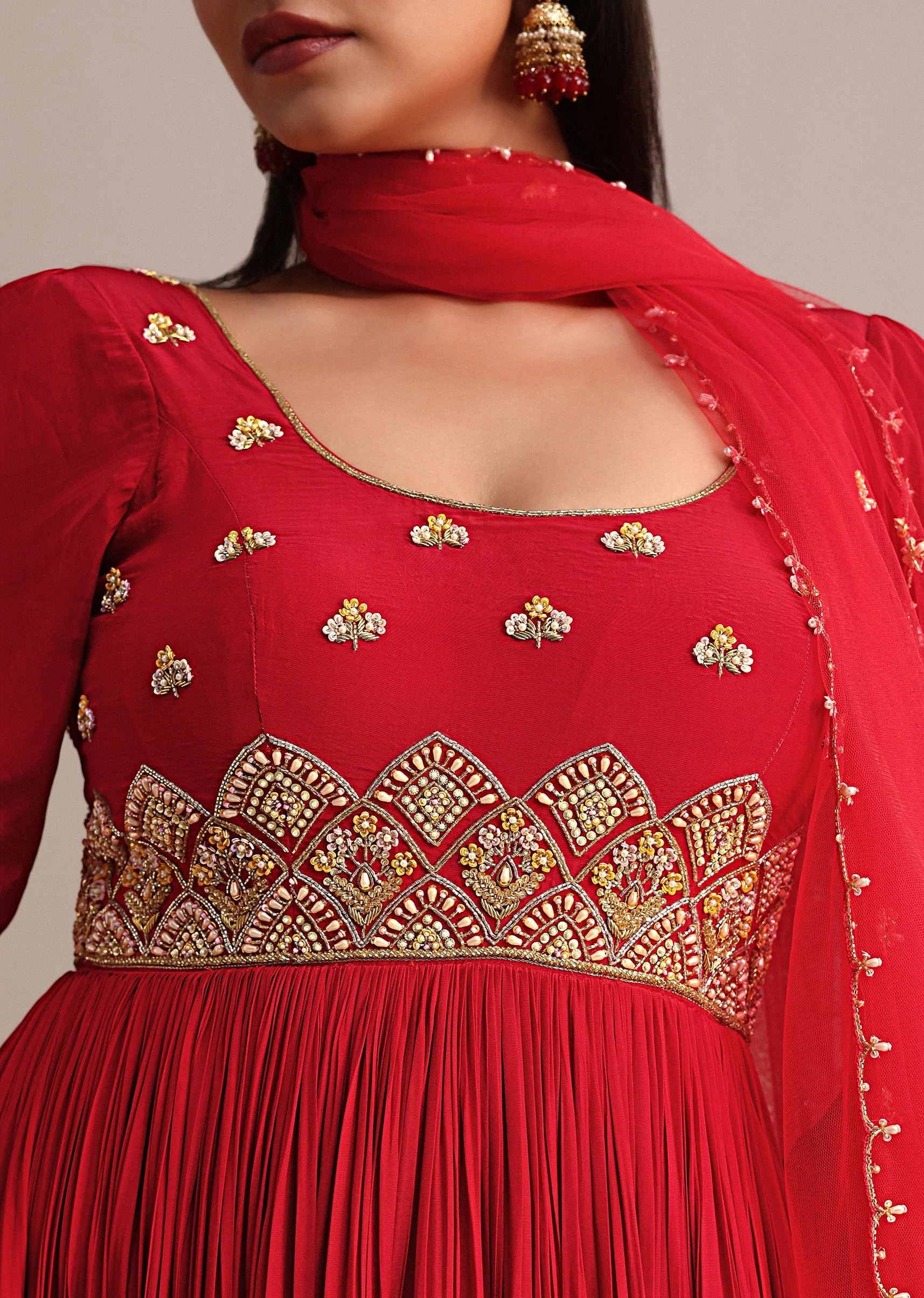 Red Ruched Anarkali Suit With Dupatta - Image 2