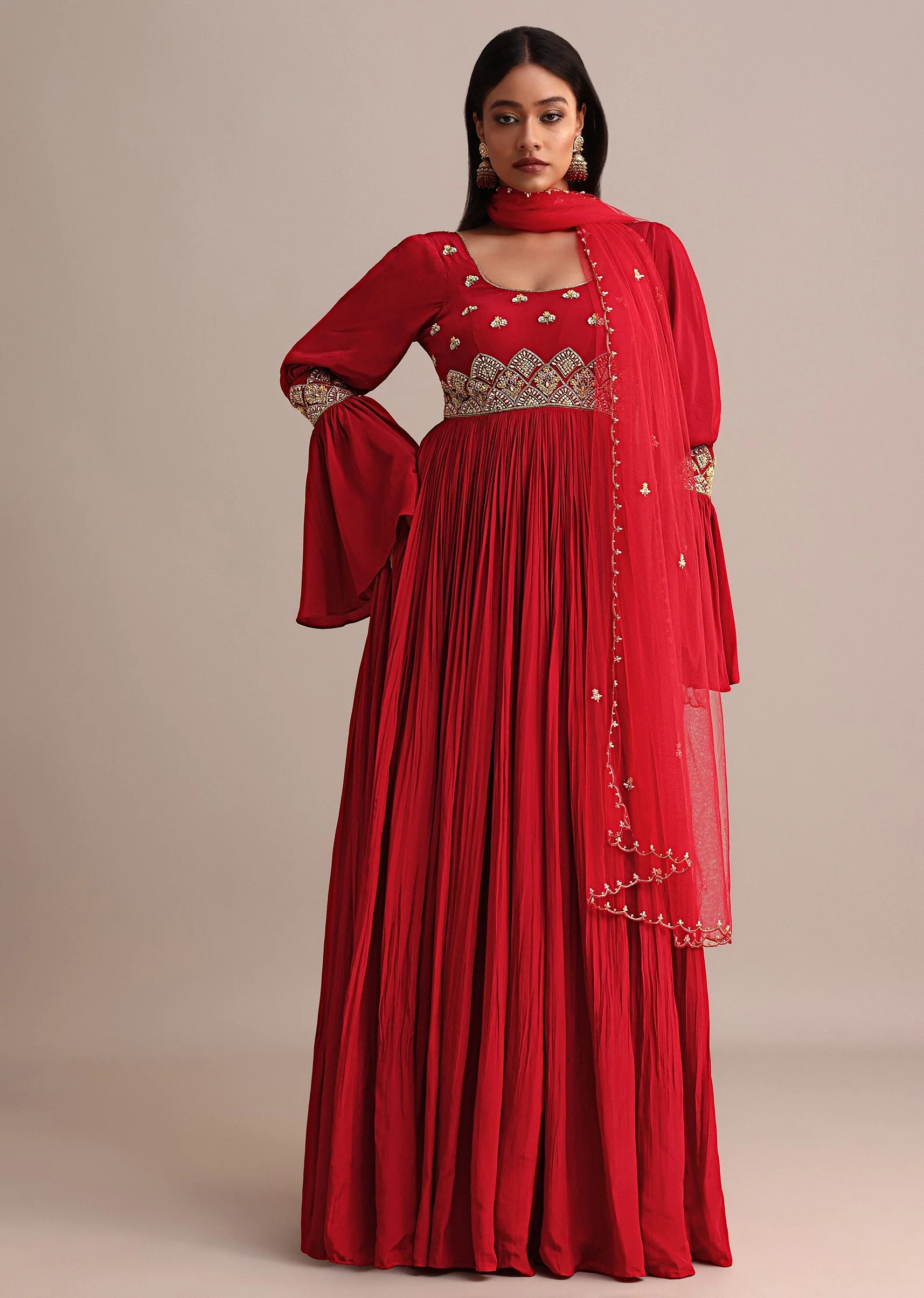Red Ruched Anarkali Suit With Dupatta - Image 3