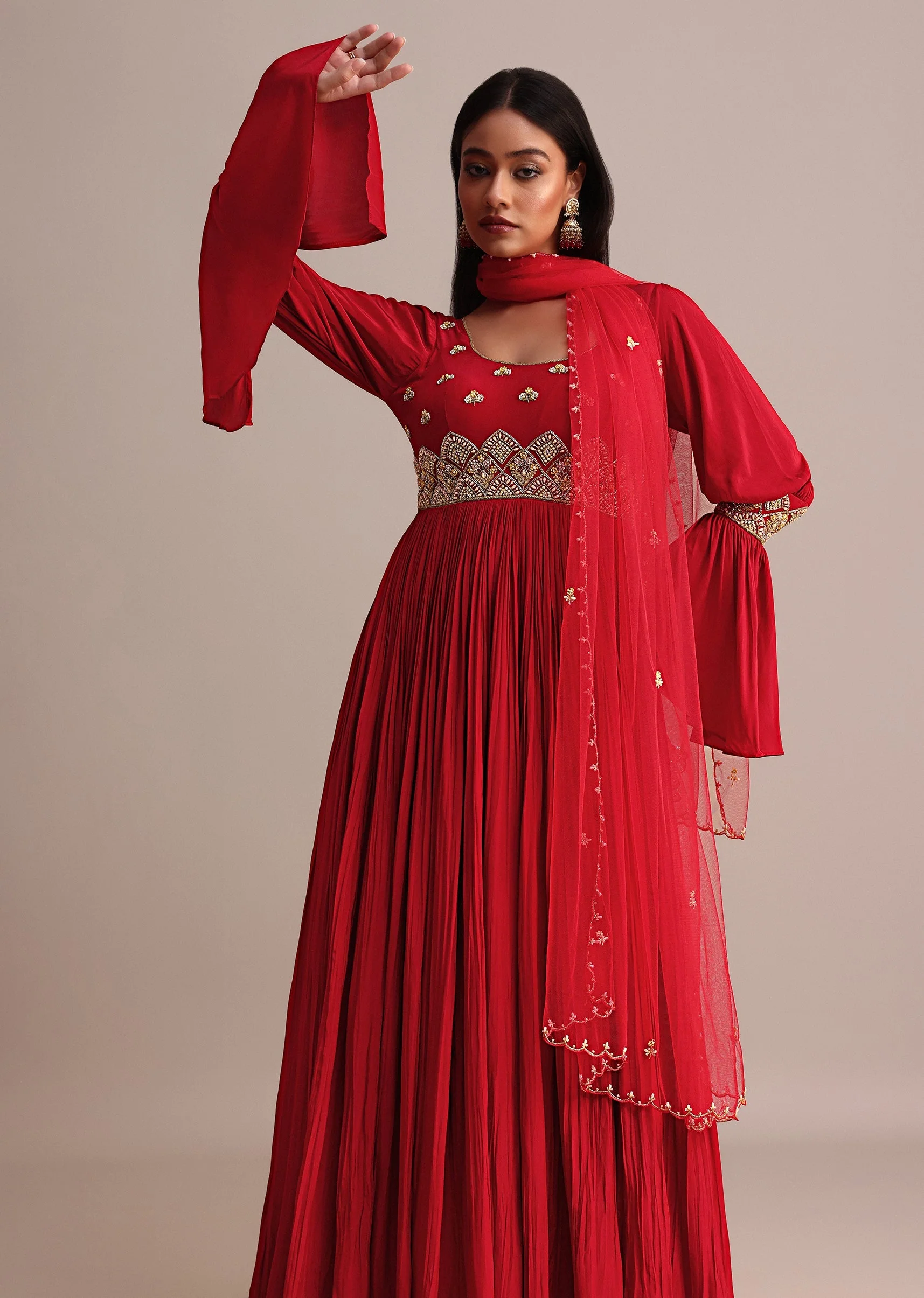 Red Ruched Anarkali Suit With Dupatta - Image 4