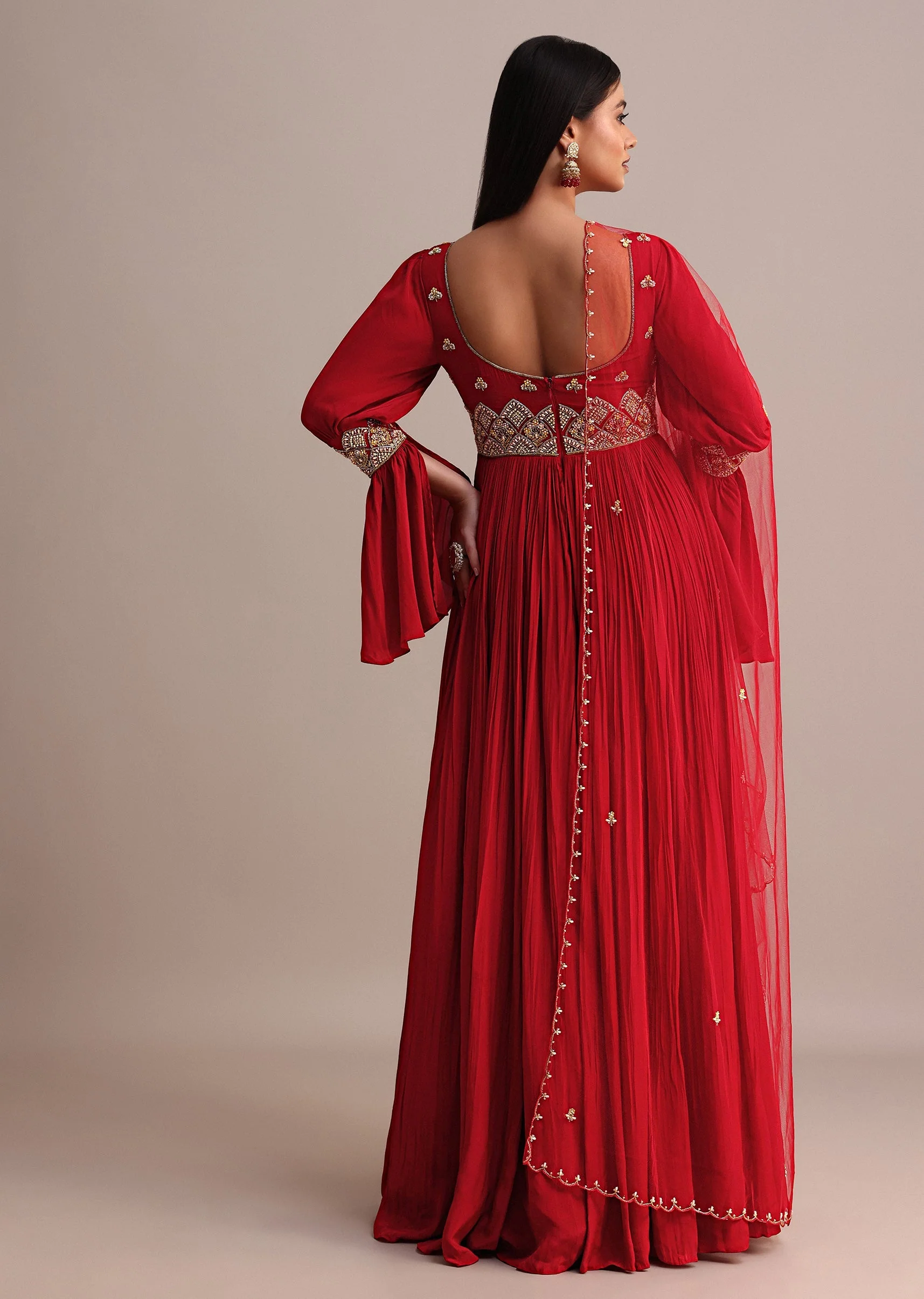 Red Ruched Anarkali Suit With Dupatta - Image 5