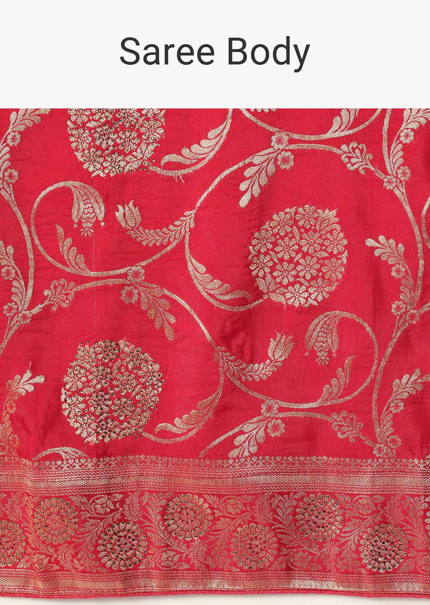 Red Saree in Dola Silk With Floral Weave And Unstitched Blouse Piece - Image 9