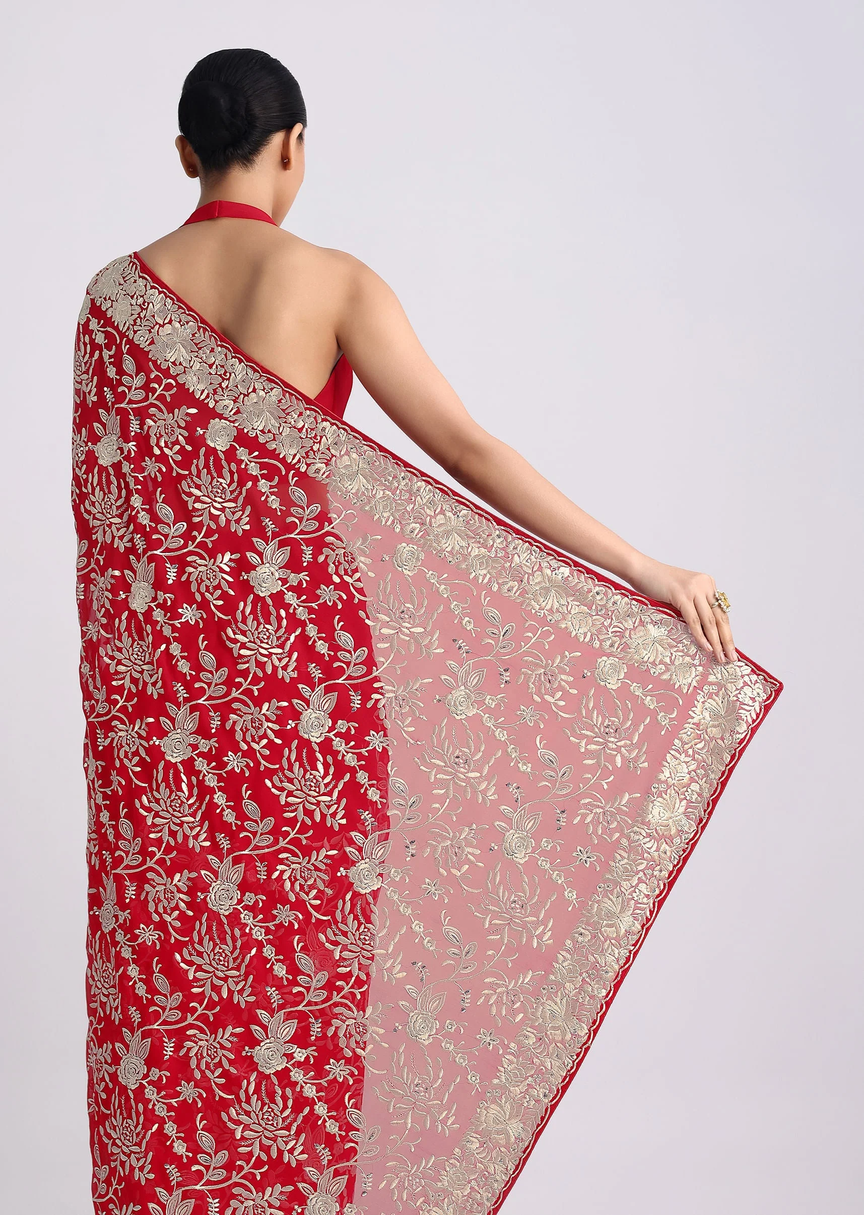 Red Saree In Georgette with Parsi Gara Work - Image 4