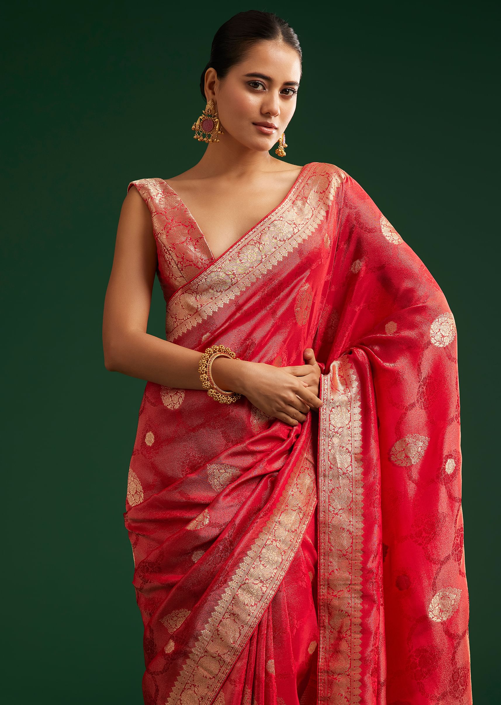 Red Saree With Zari Motif and Heavy Embroidered Blouse - Image 2