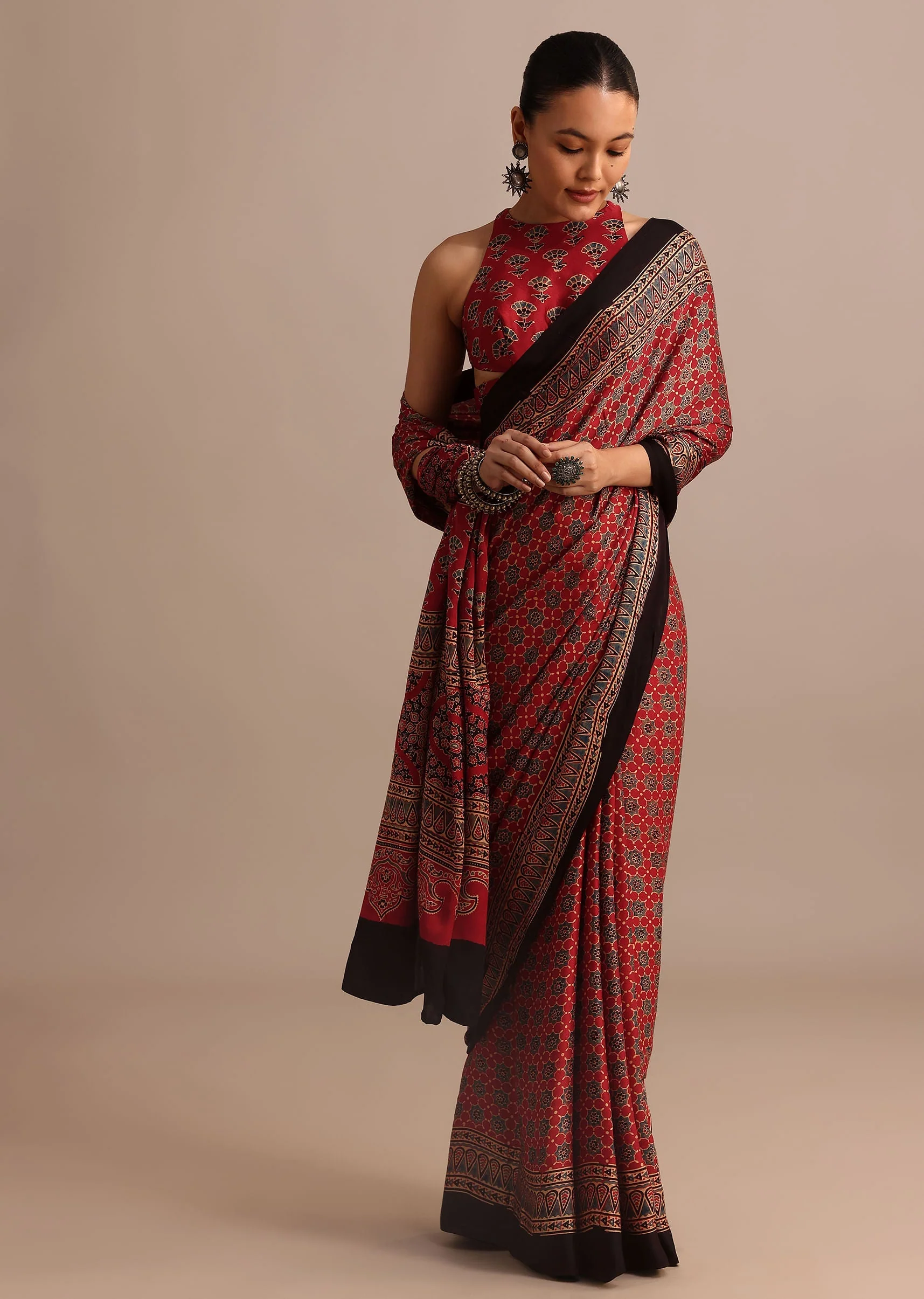 Red Satin Ajrakh Handblock Printed Ready To Wear Saree - Image 3