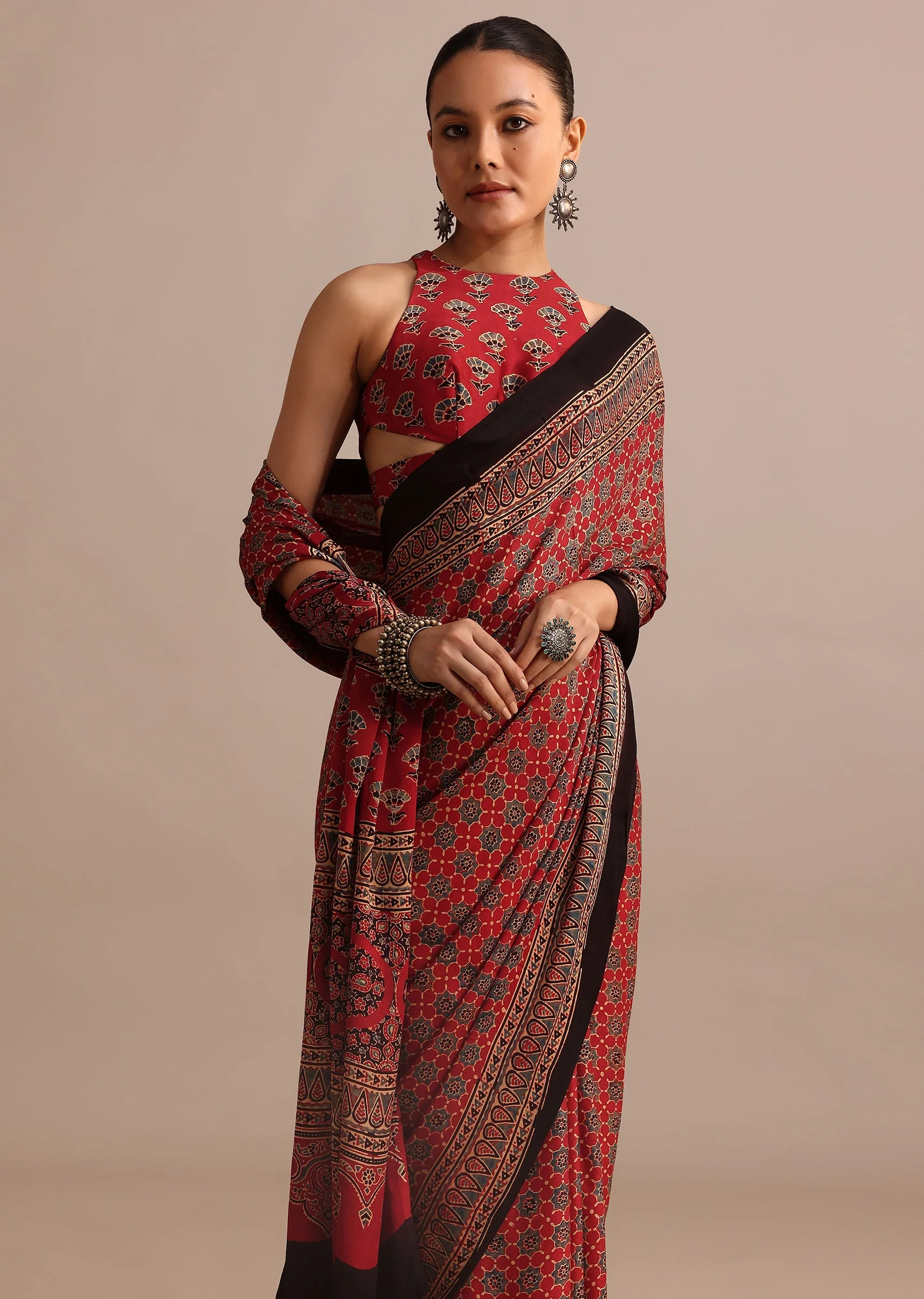 Red Satin Ajrakh Handblock Printed Ready To Wear Saree - Image 4