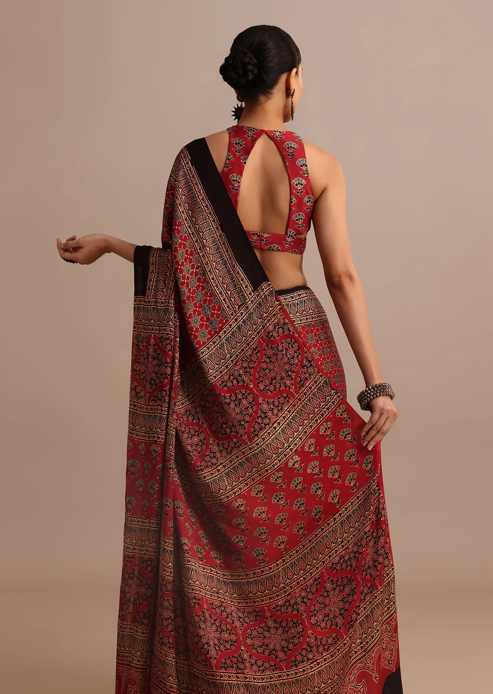 Red Satin Ajrakh Handblock Printed Ready To Wear Saree - Image 6