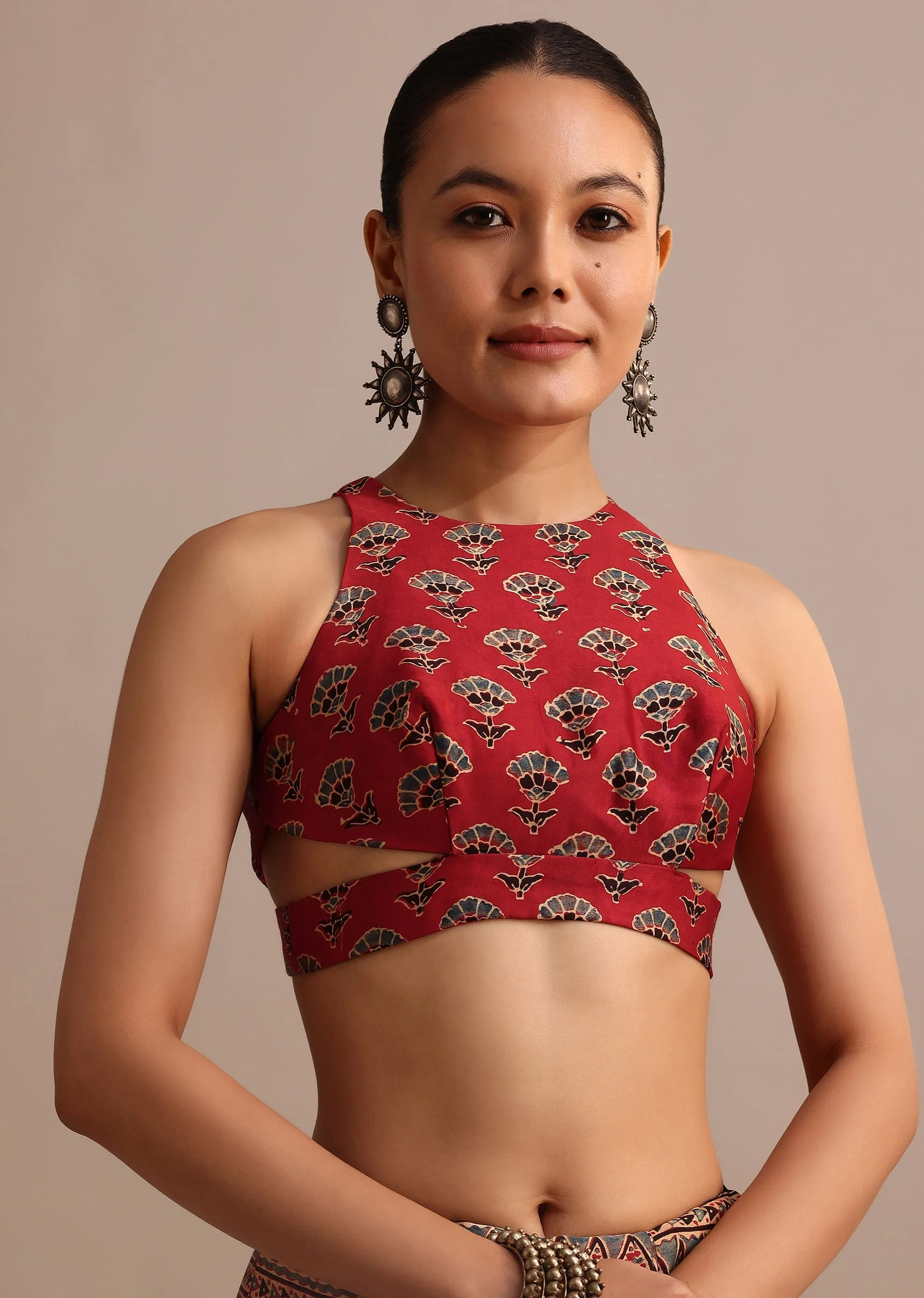 Red Satin Ajrakh Handblock Printed Ready To Wear Saree - Image 7