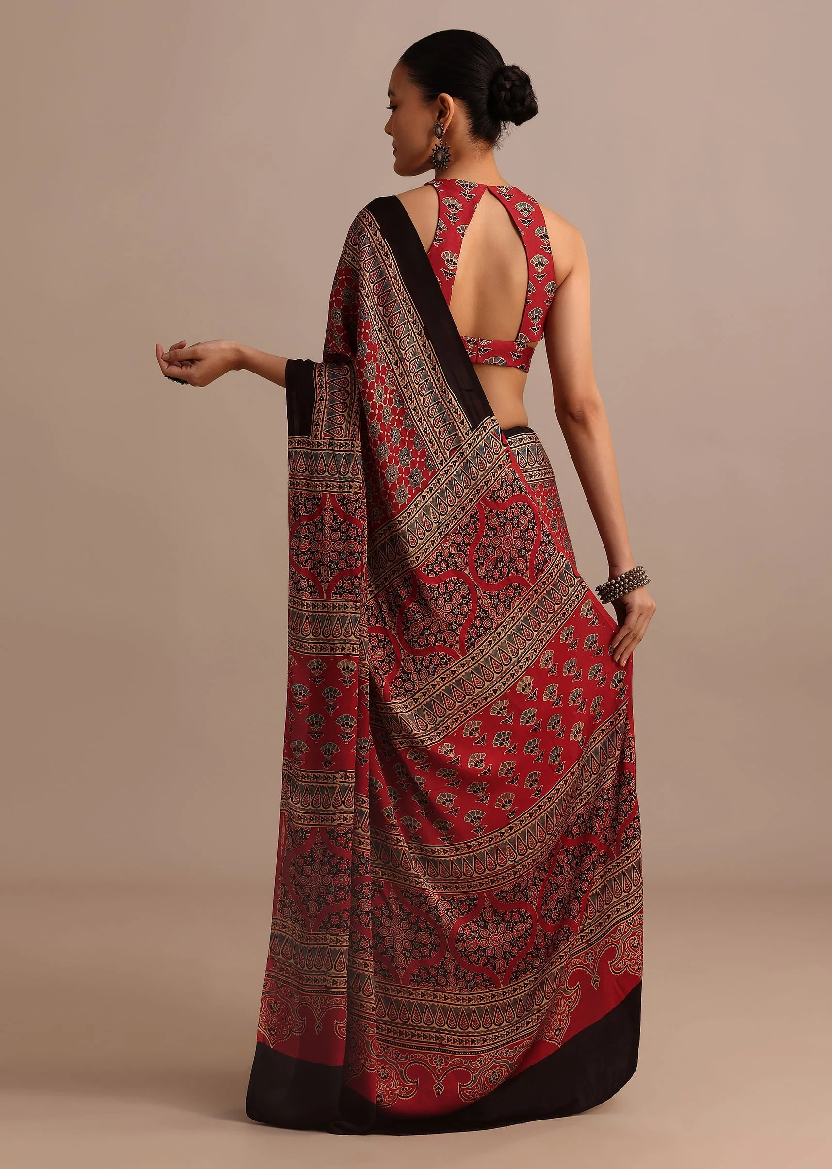 Red Satin Ajrakh Handblock Printed Saree - Image 5