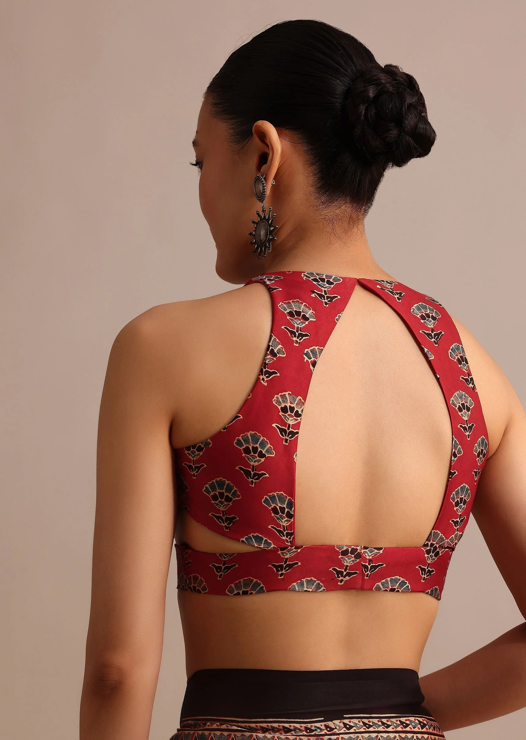 Red Satin Ajrakh Handblock Printed Saree - Image 8