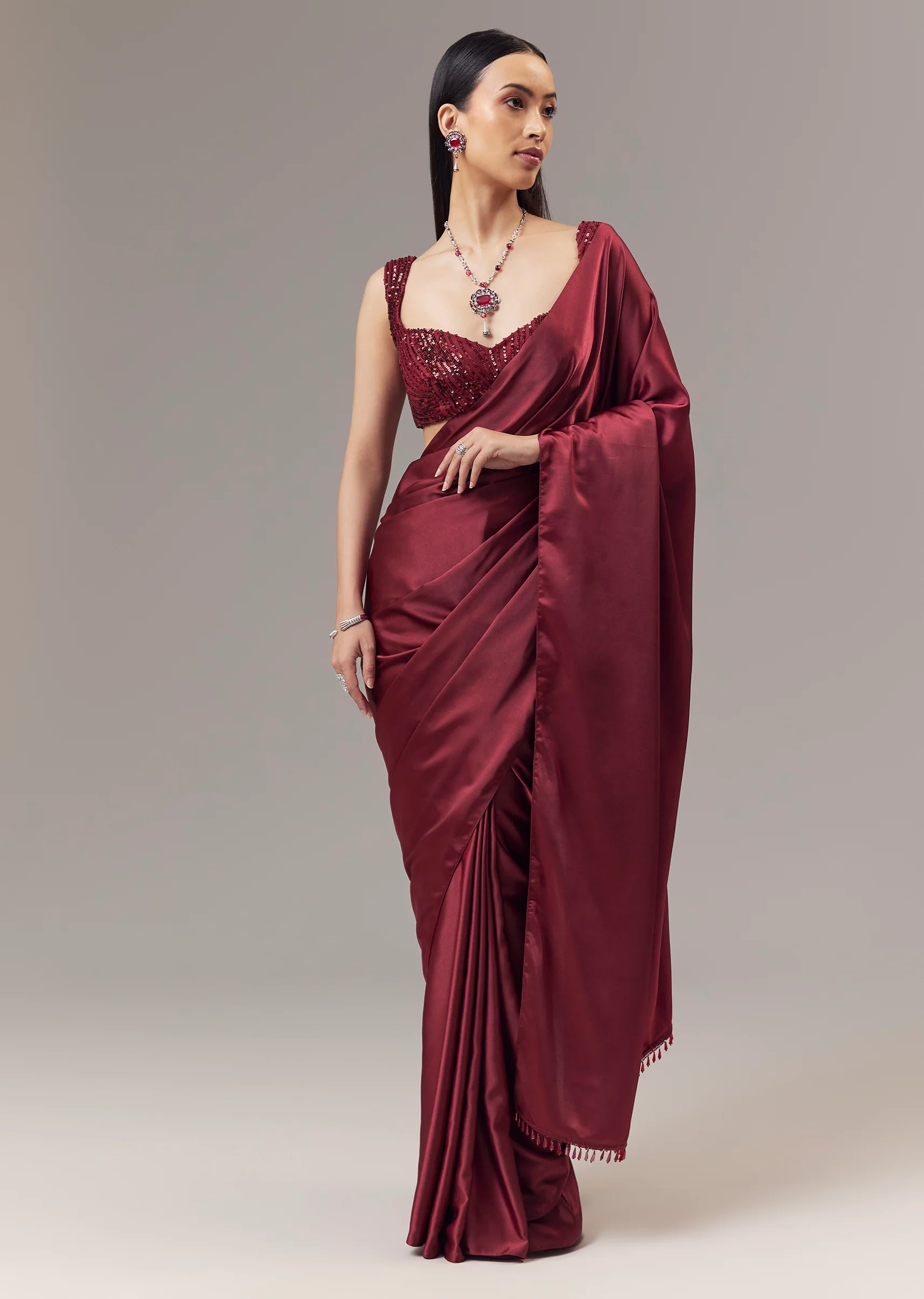 Red Satin Blend Saree With Cut Dana And Sequin Embellished Blouse