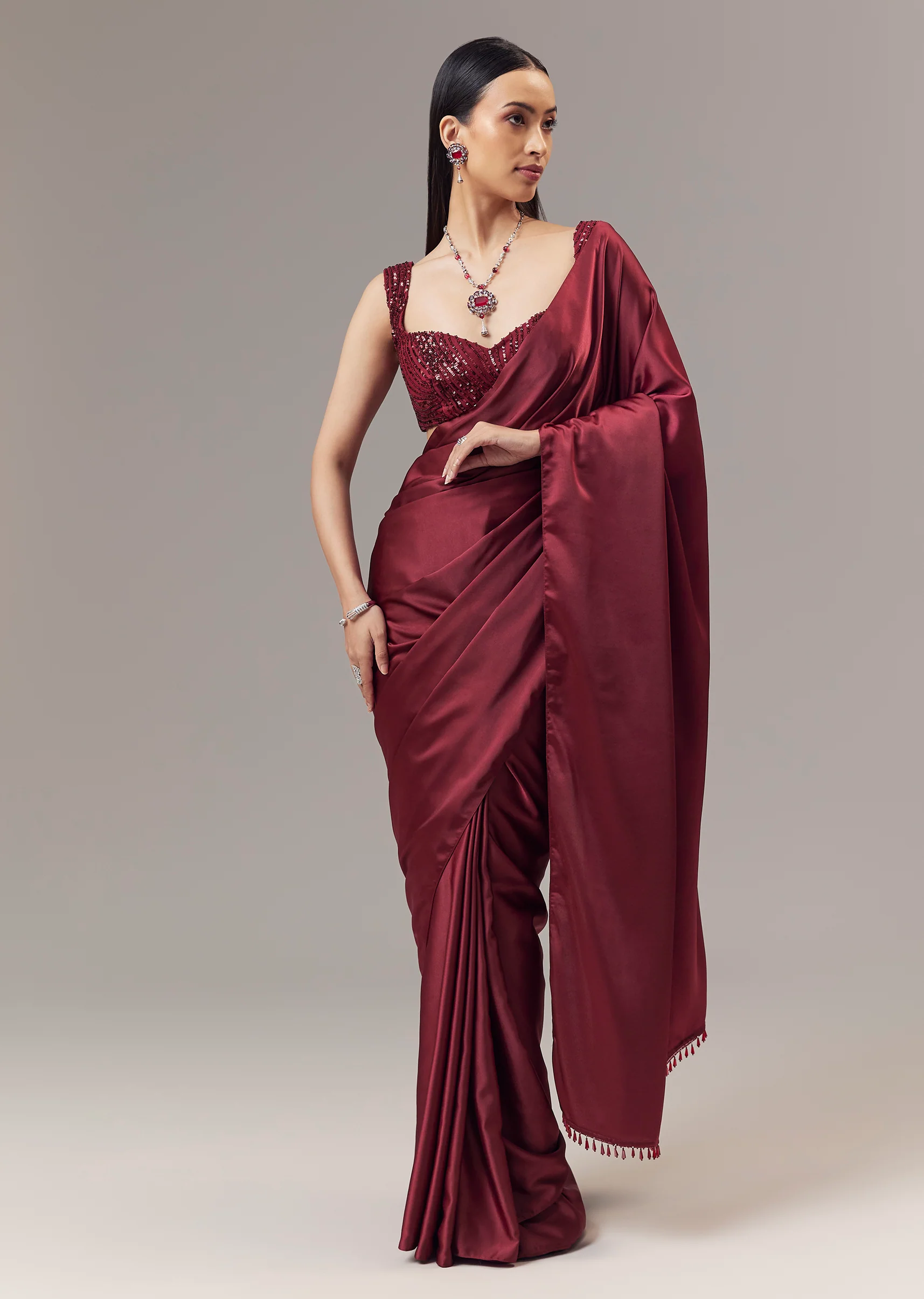 Red Satin Blend Saree With Cut Dana And Sequin Embellished Blouse - Image 3