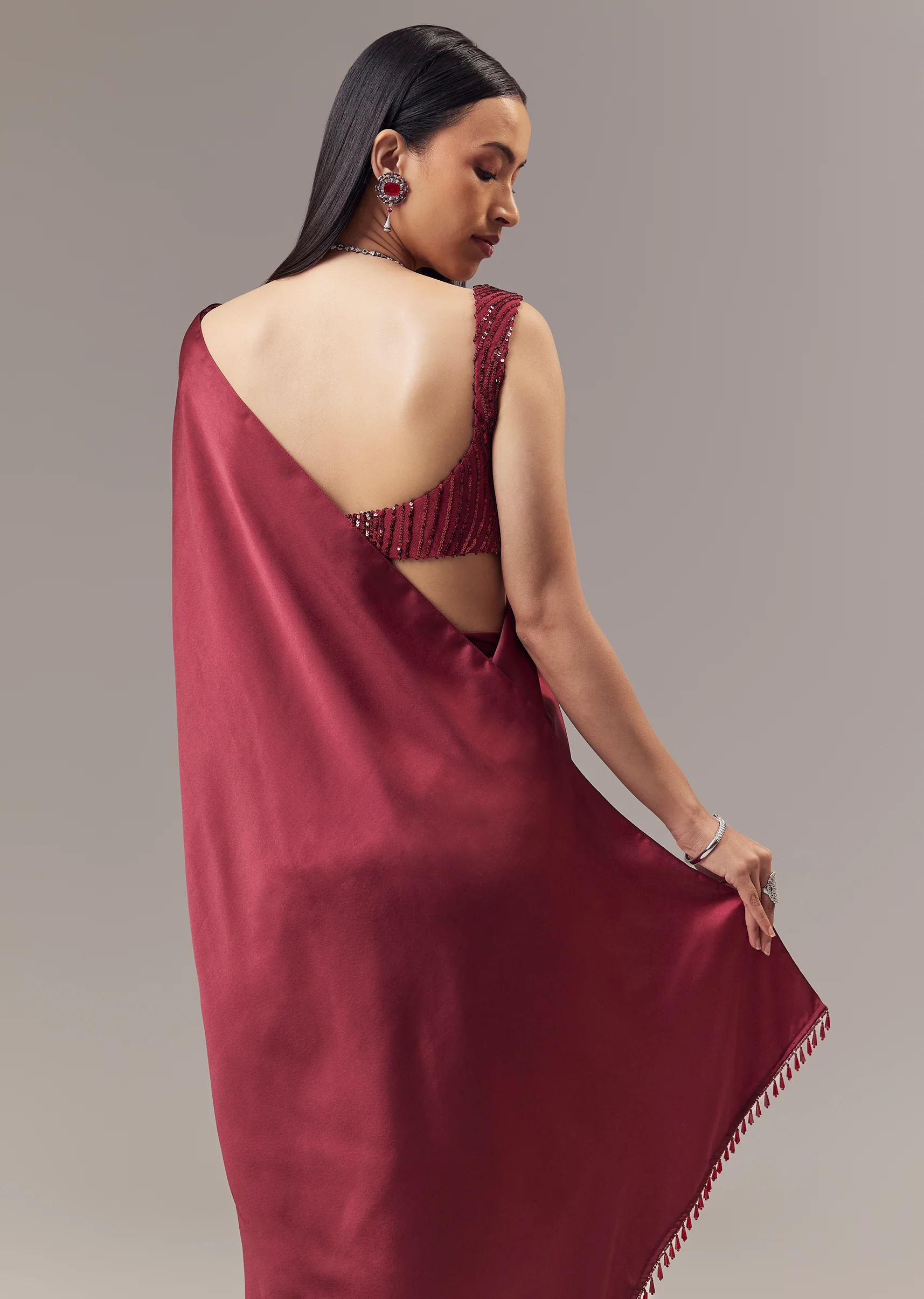 Red Satin Blend Saree With Cut Dana And Sequin Embellished Blouse - Image 6