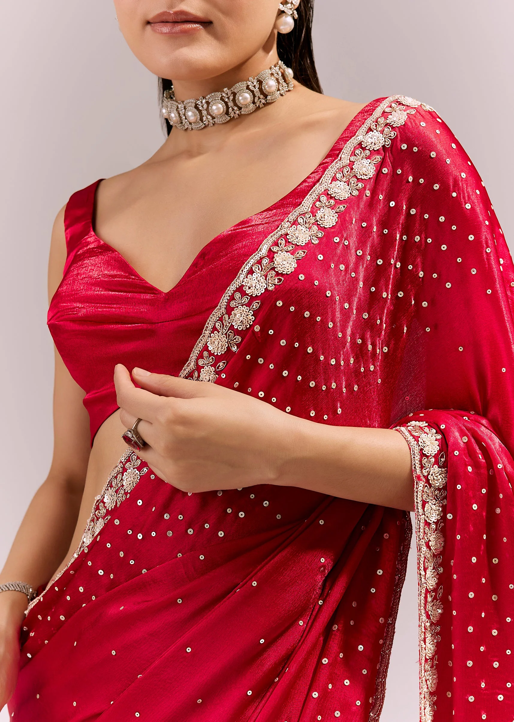 Red Satin Chinon Saree With All Over Sequin Embellishment - Image 2