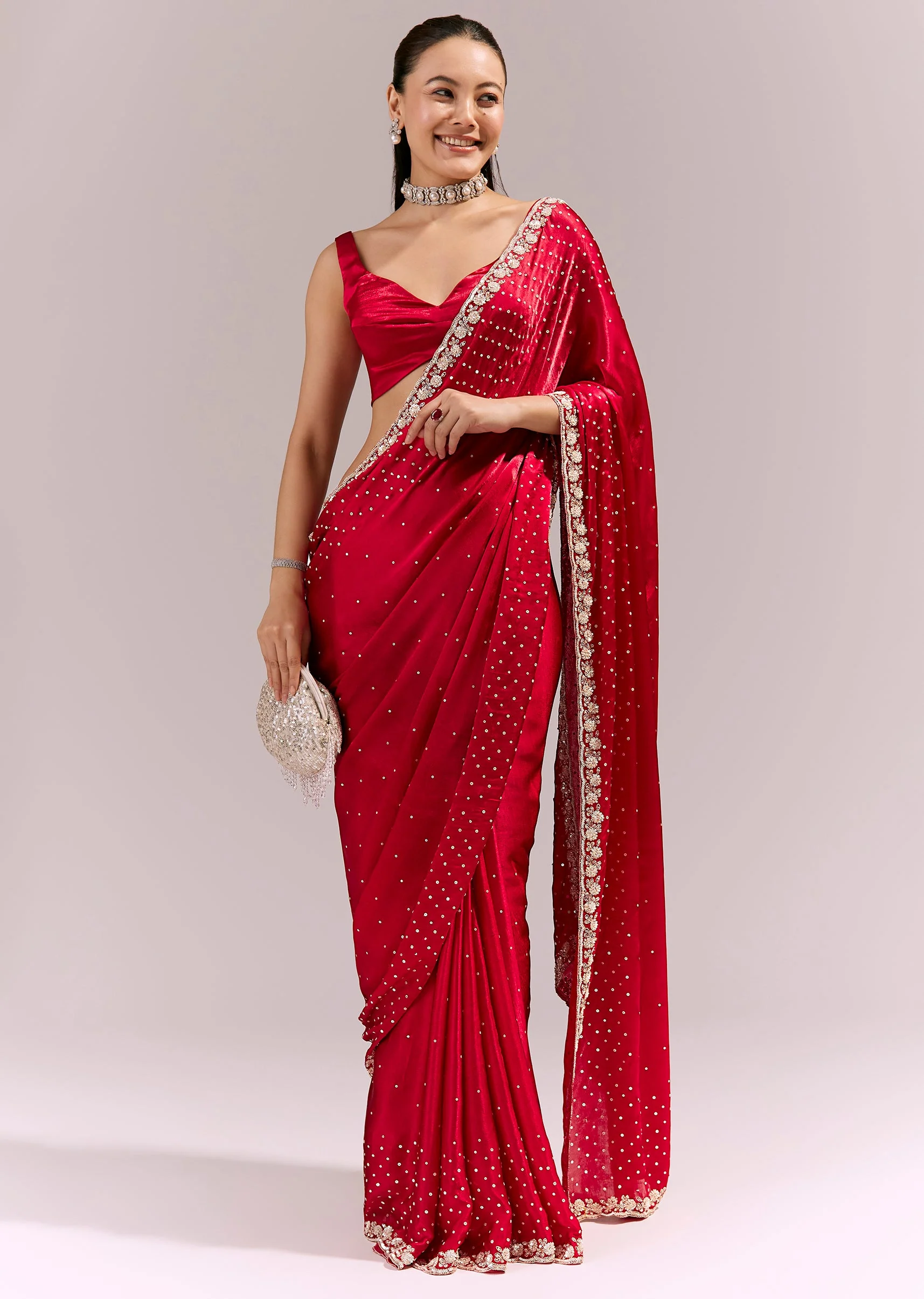 Red Satin Chinon Saree With All Over Sequin Embellishment - Image 3