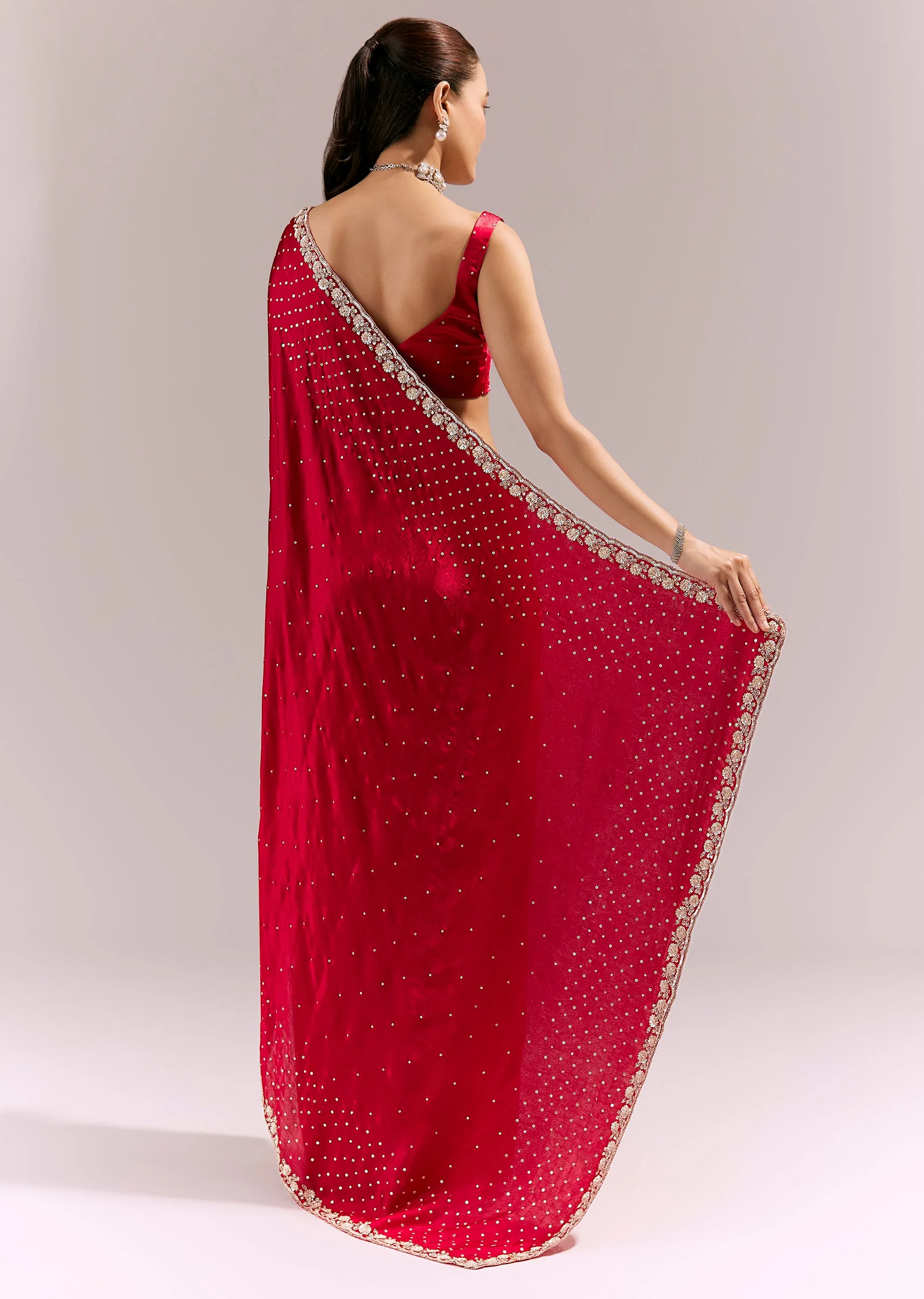 Red Satin Chinon Saree With All Over Sequin Embellishment - Image 4