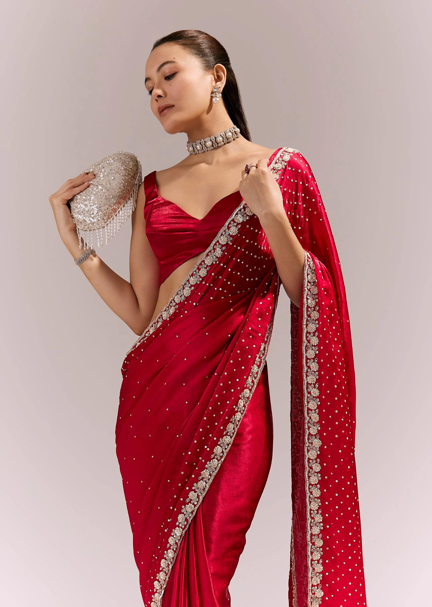 Red Satin Chinon Saree With All Over Sequin Embellishment - Image 5
