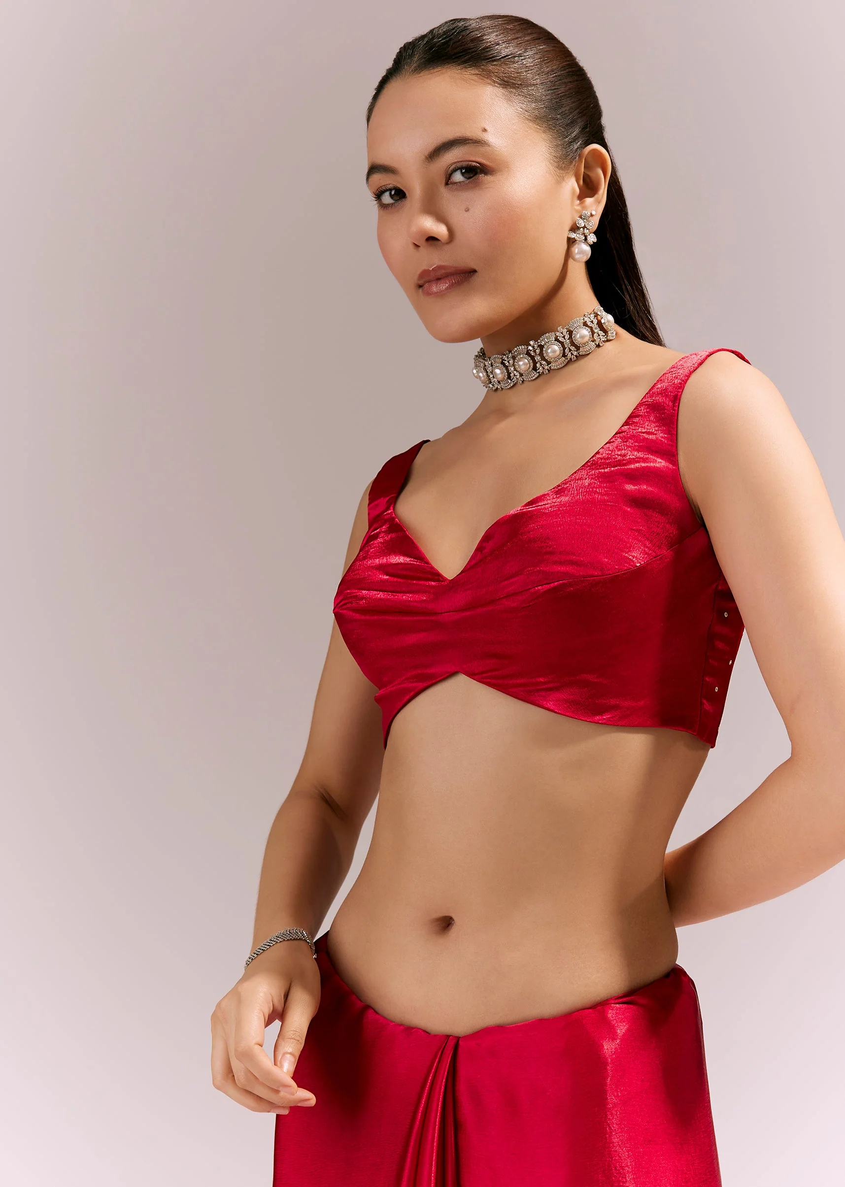 Red Satin Chinon Saree With All Over Sequin Embellishment - Image 7