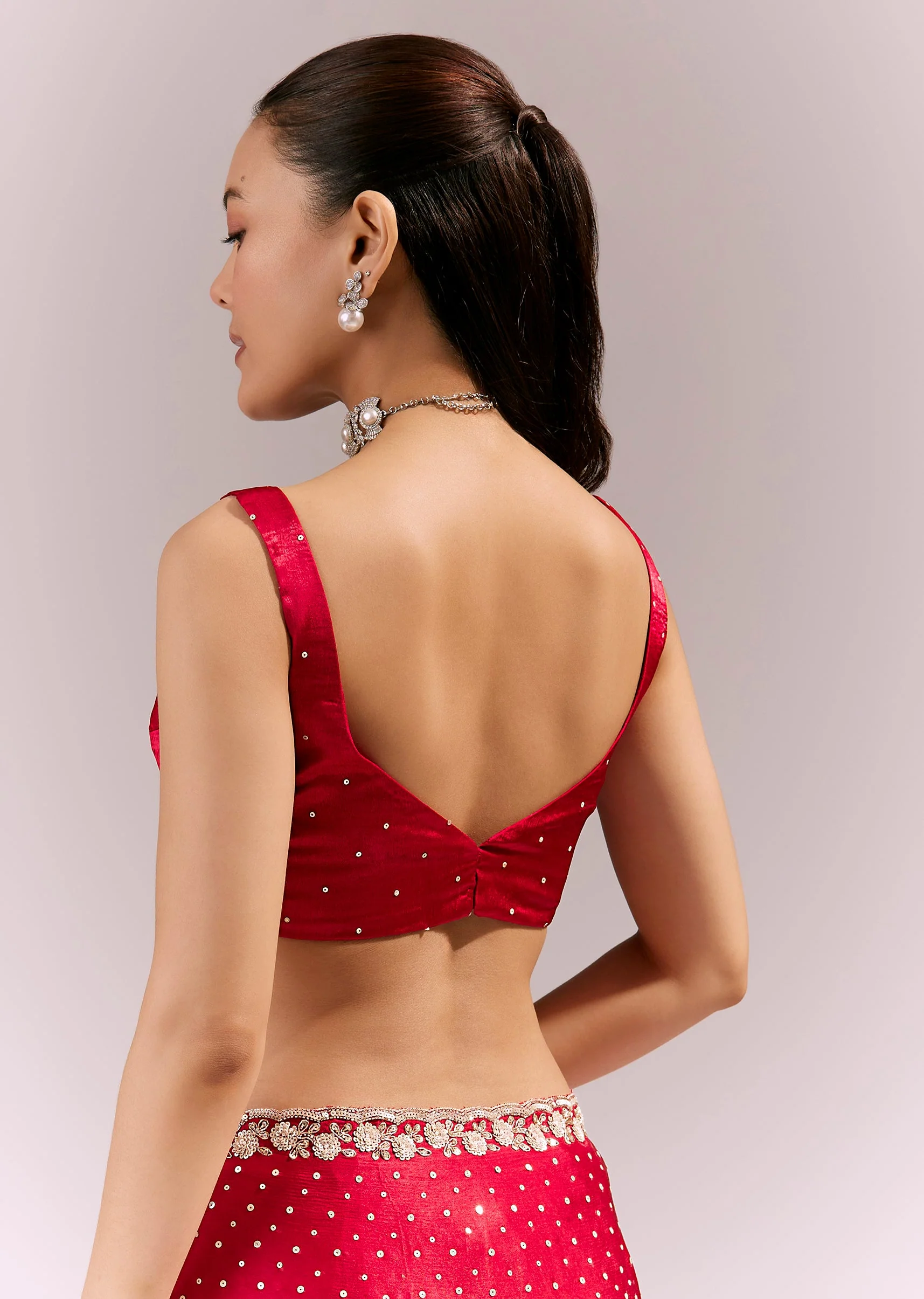 Red Satin Chinon Saree With All Over Sequin Embellishment - Image 8