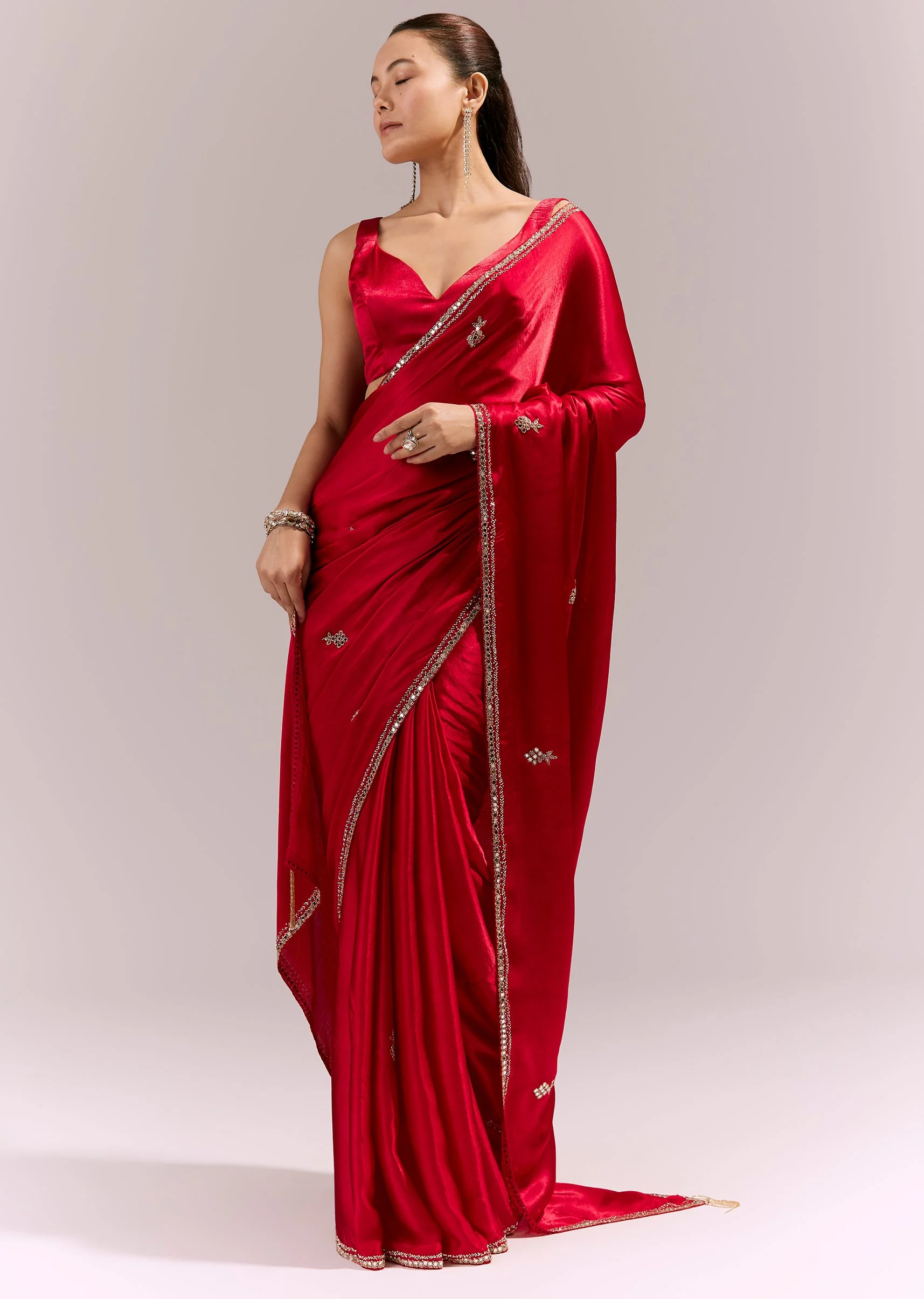 Red Satin Chinon Saree With Mirror And Bead Embroidered Detailing