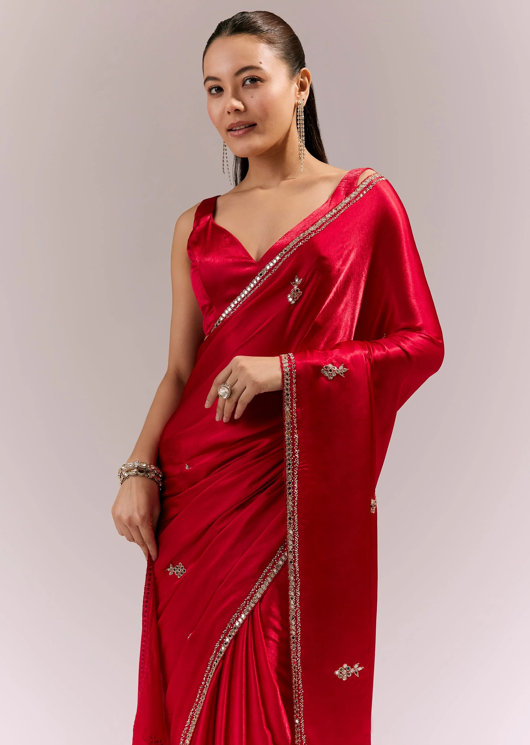 Red Satin Chinon Saree With Mirror And Bead Embroidered Detailing - Image 5