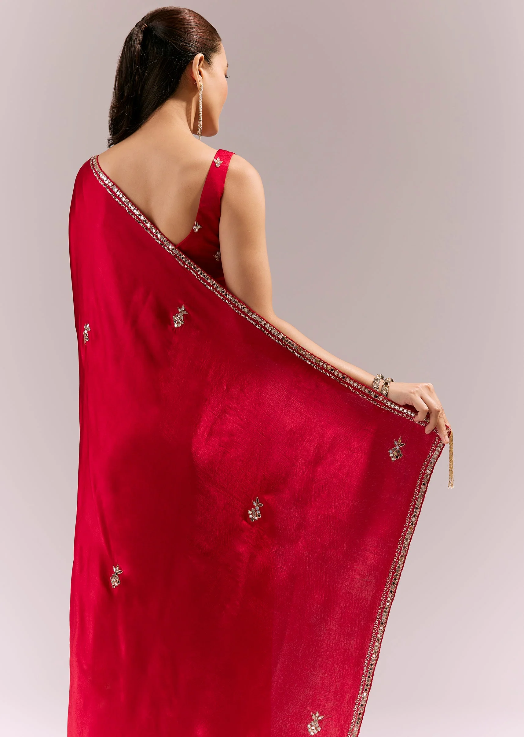 Red Satin Chinon Saree With Mirror And Bead Embroidered Detailing - Image 6