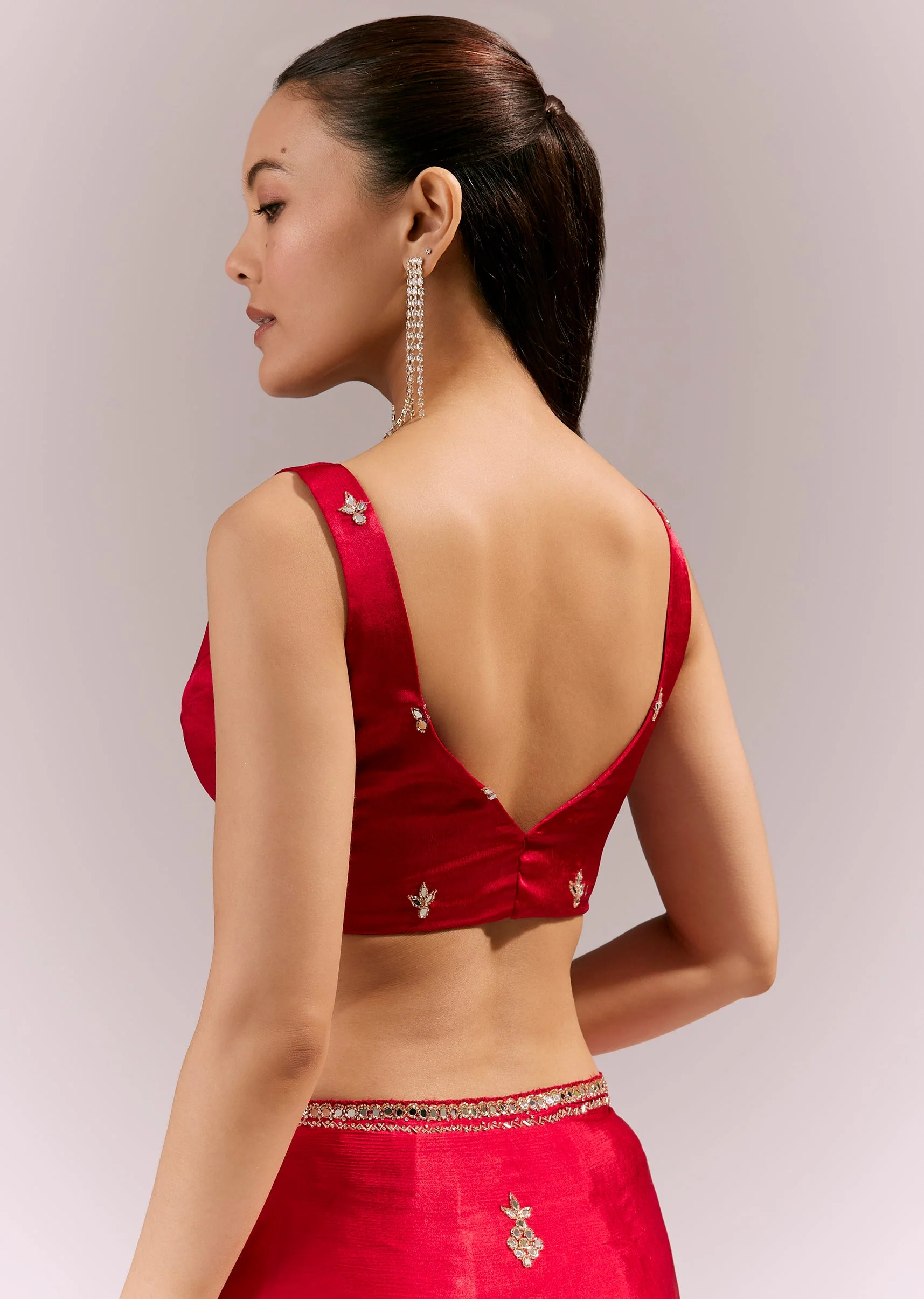 Red Satin Chinon Saree With Mirror And Bead Embroidered Detailing - Image 8