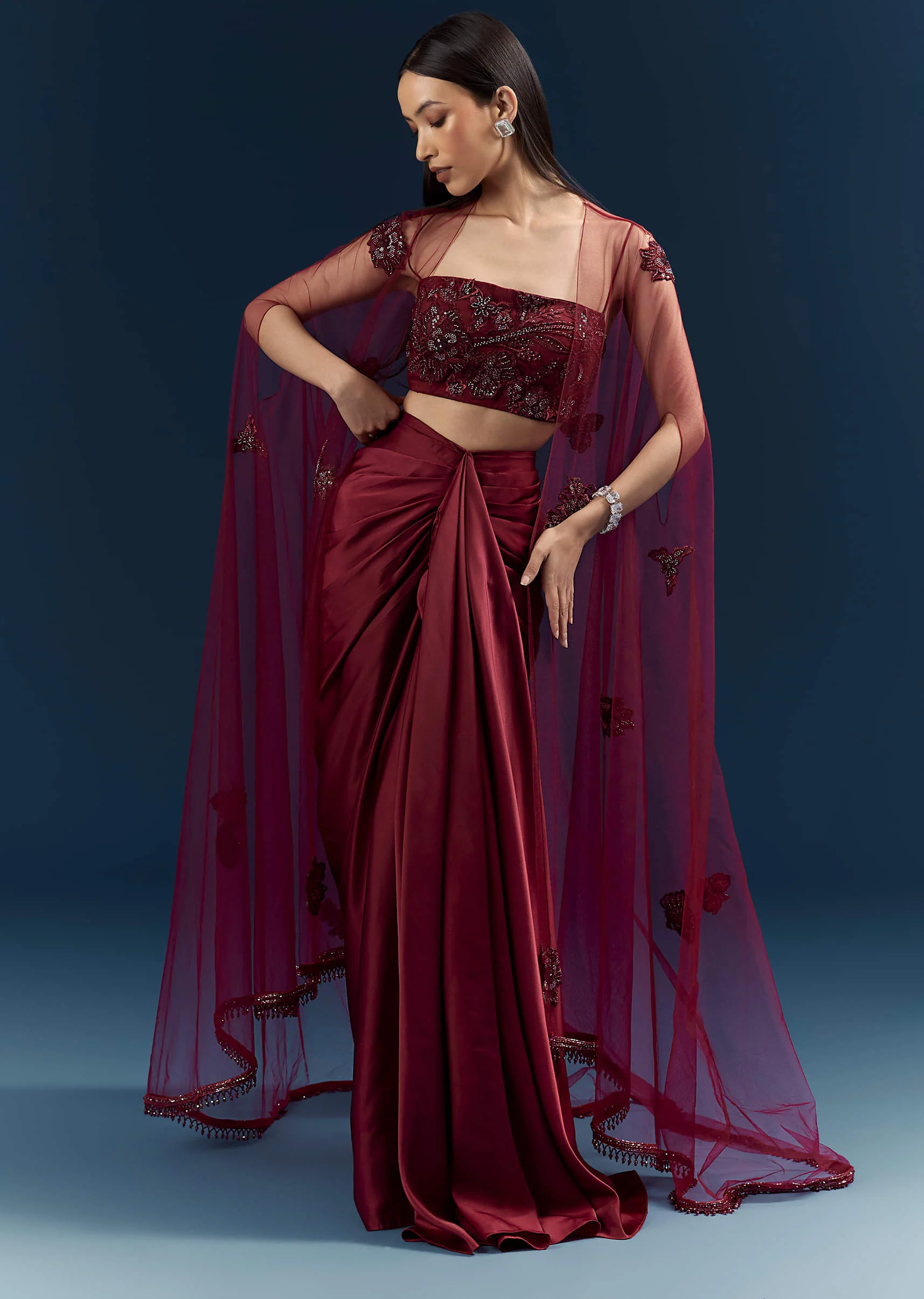 Red Satin Crop Top And Drape Skirt Set With Lace Work And Embroidery - Image 4