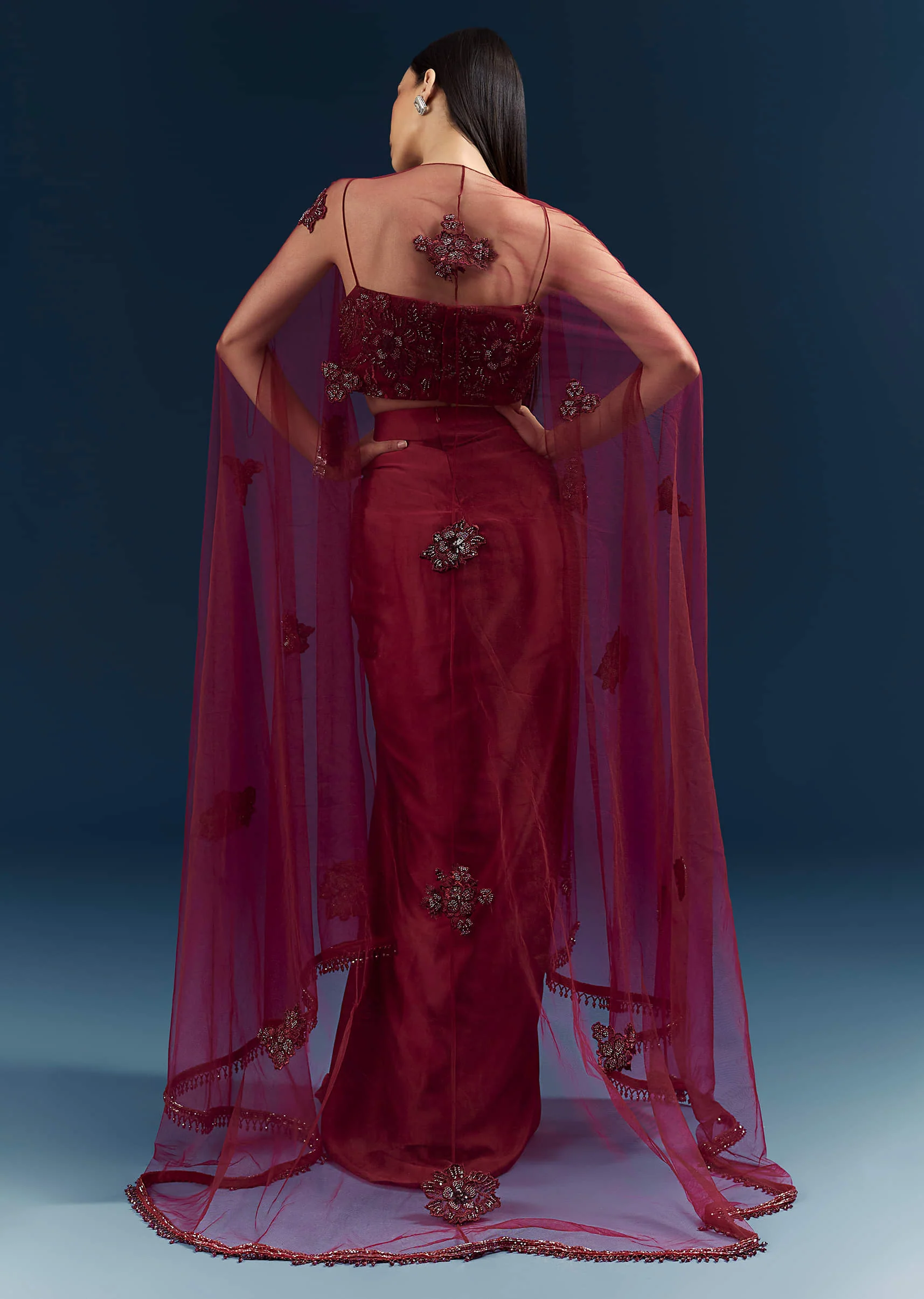 Red Satin Crop Top And Drape Skirt Set With Lace Work And Embroidery - Image 5