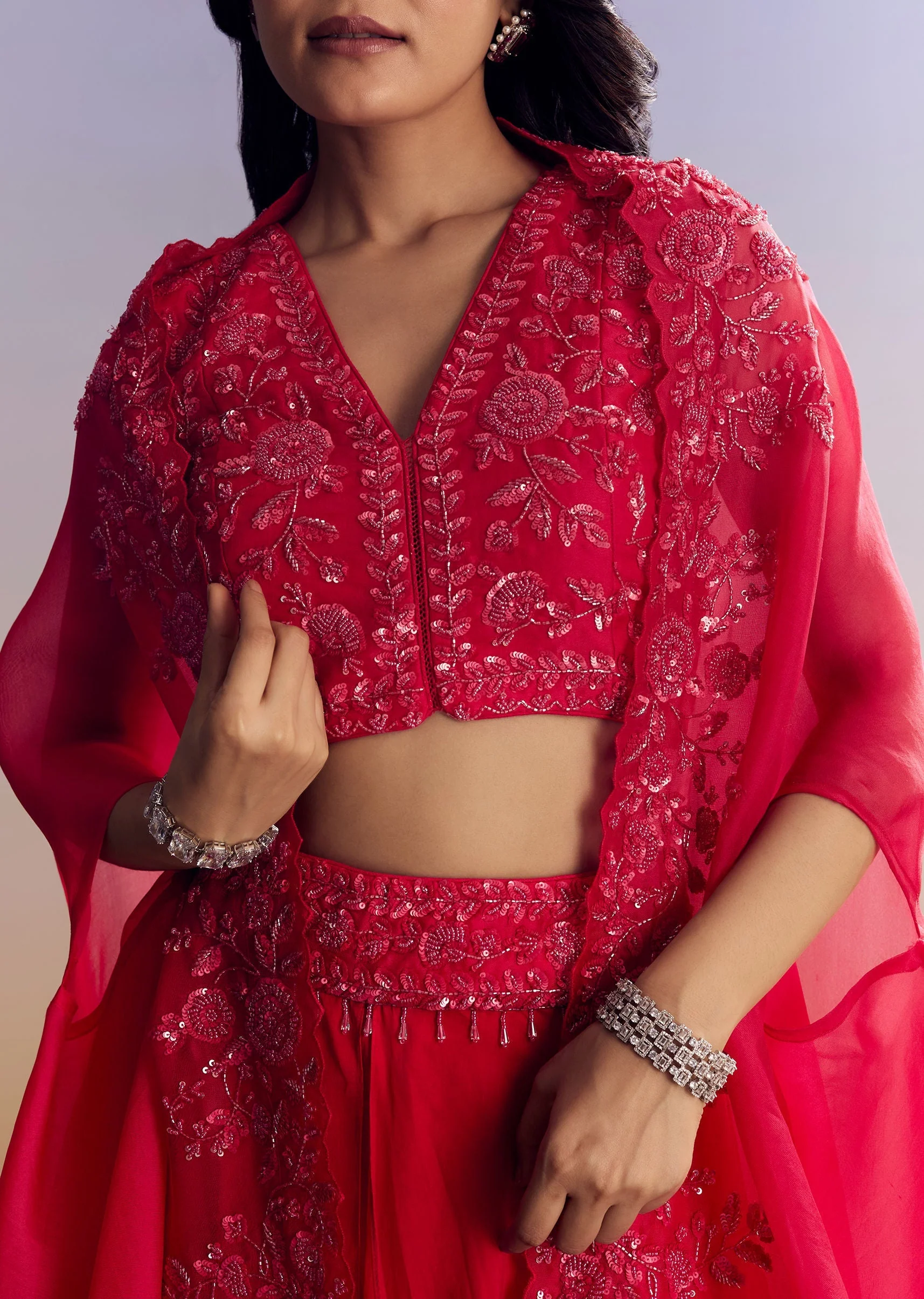 Red Satin Crop Top Set With Embroidered Organza Cape - Image 2