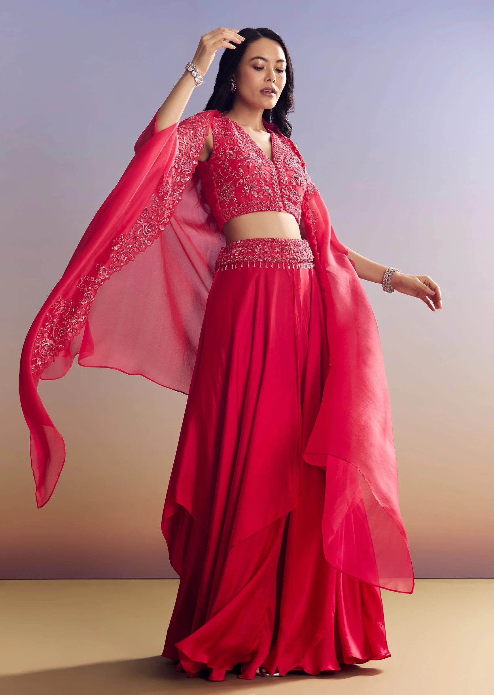 Red Satin Crop Top Set With Embroidered Organza Cape - Image 3