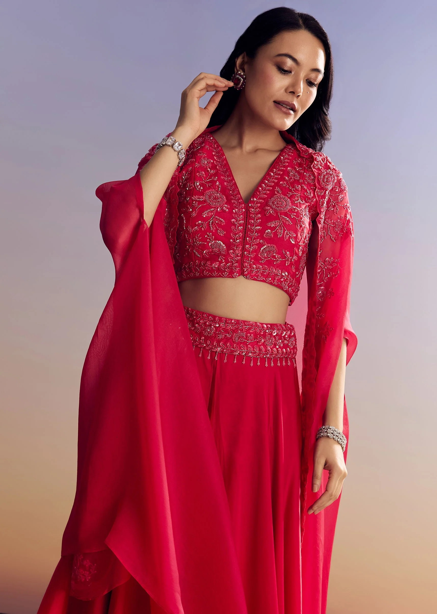 Red Satin Crop Top Set With Embroidered Organza Cape - Image 4