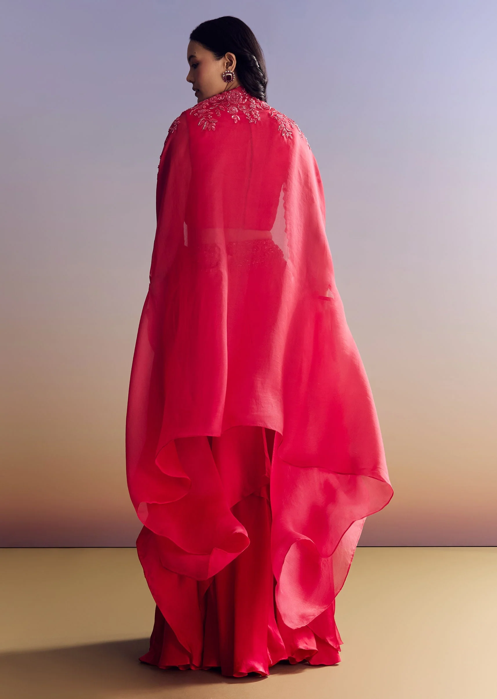 Red Satin Crop Top Set With Embroidered Organza Cape - Image 5